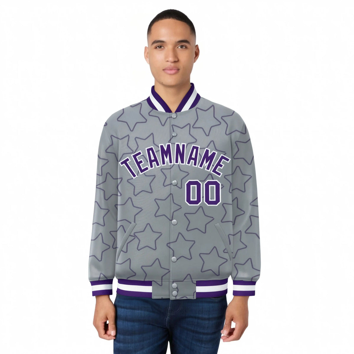 Custom Gray Purple-White Varsity Full-Snap Star Pattern Letterman Baseball Jacket
