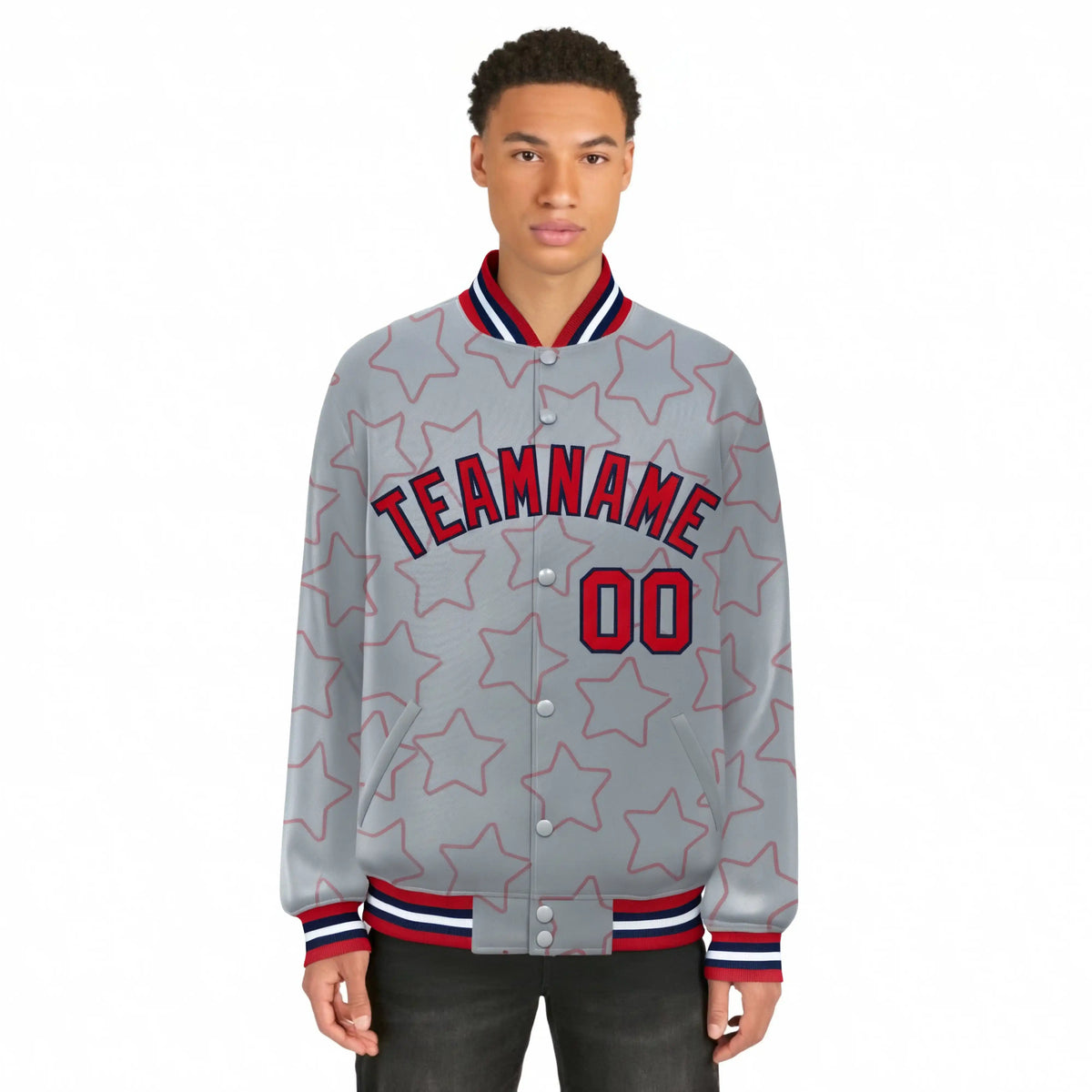 Custom Gray Red-Navy Varsity Full-Snap Star Pattern Letterman Baseball Jacket