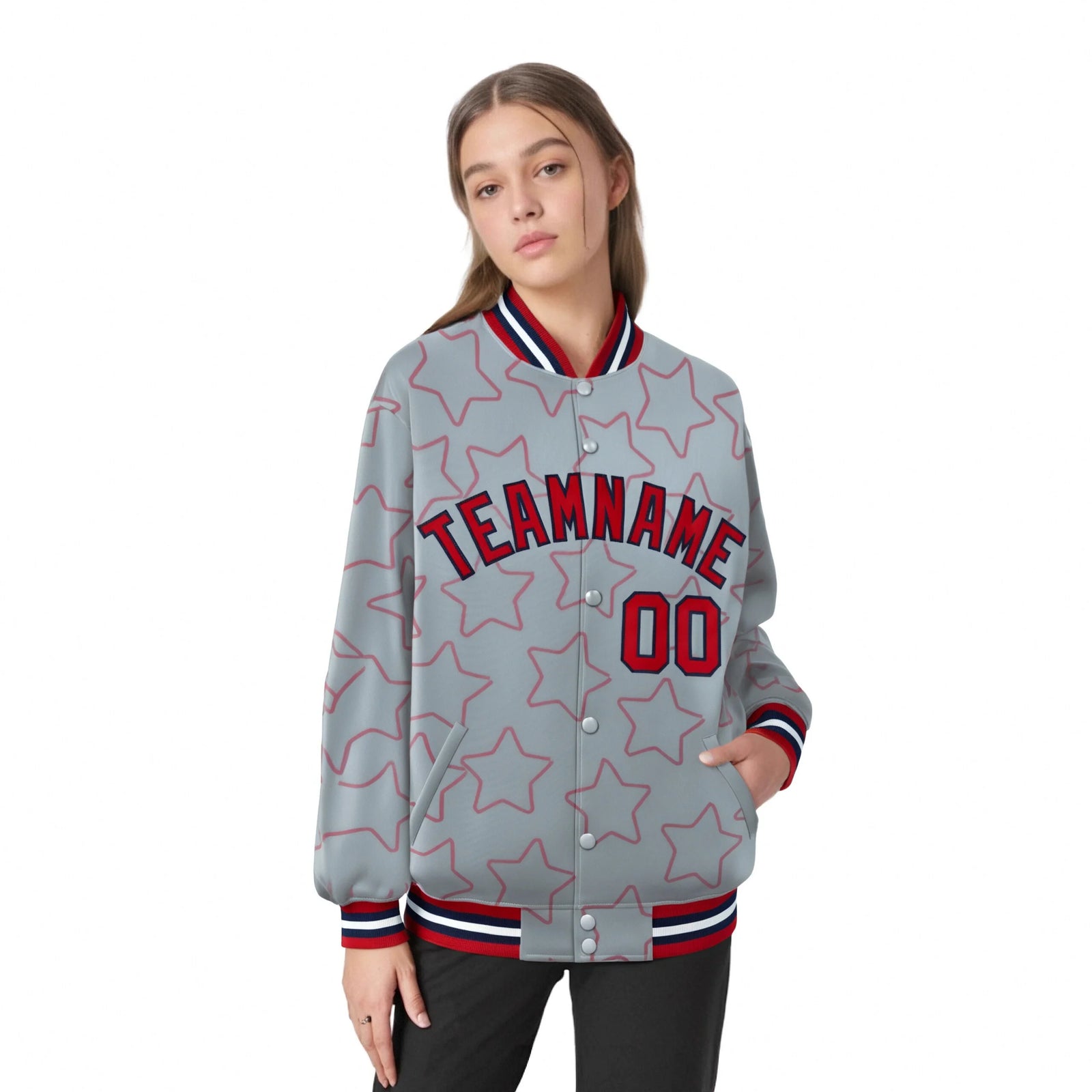 Custom Gray Red-Navy Varsity Full-Snap Star Pattern Letterman Baseball Jacket