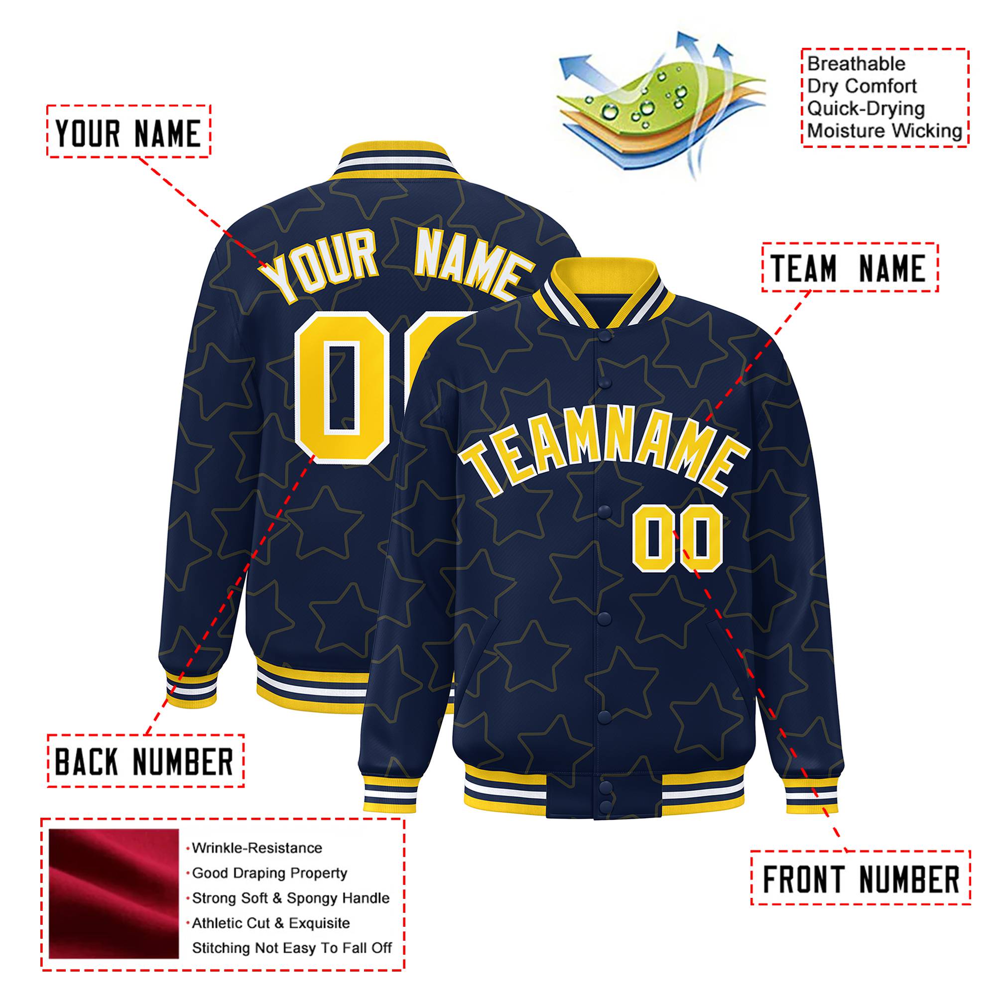 Custom Navy Gold-White Varsity Full-Snap Star Pattern Letterman Baseball Jacket