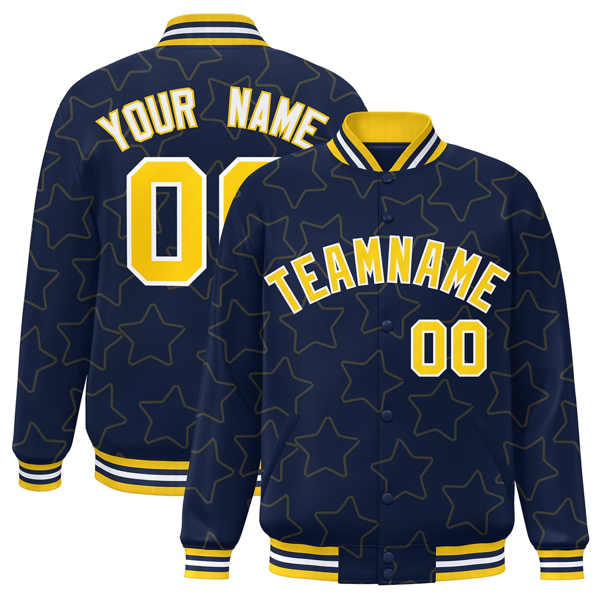 Custom Navy Gold-White Varsity Full-Snap Star Pattern Letterman Baseball Jacket