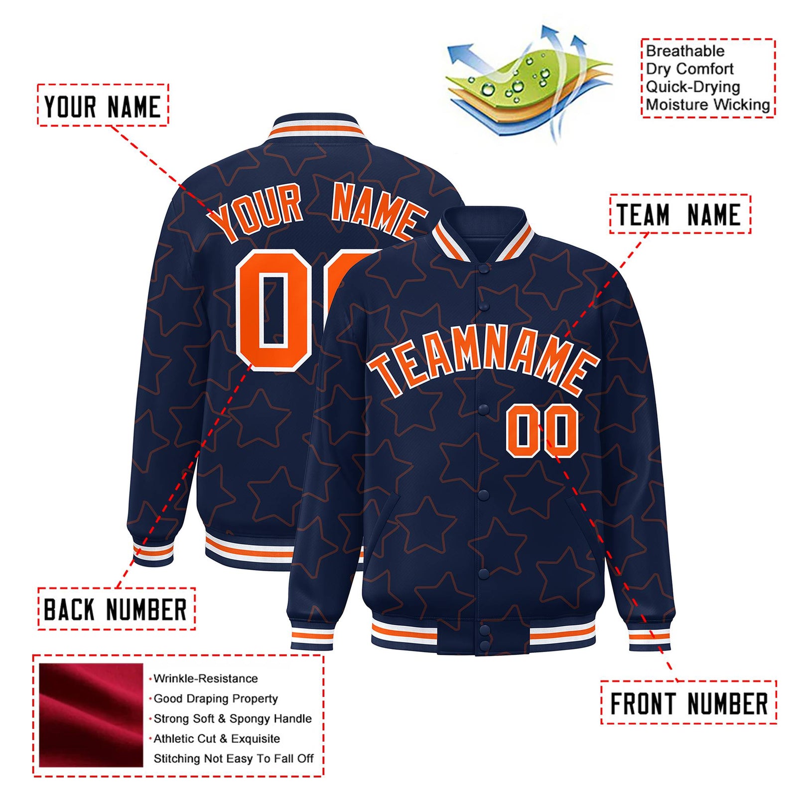 Custom Navy Orange-White Varsity Full-Snap Star Pattern Letterman Baseball Jacket
