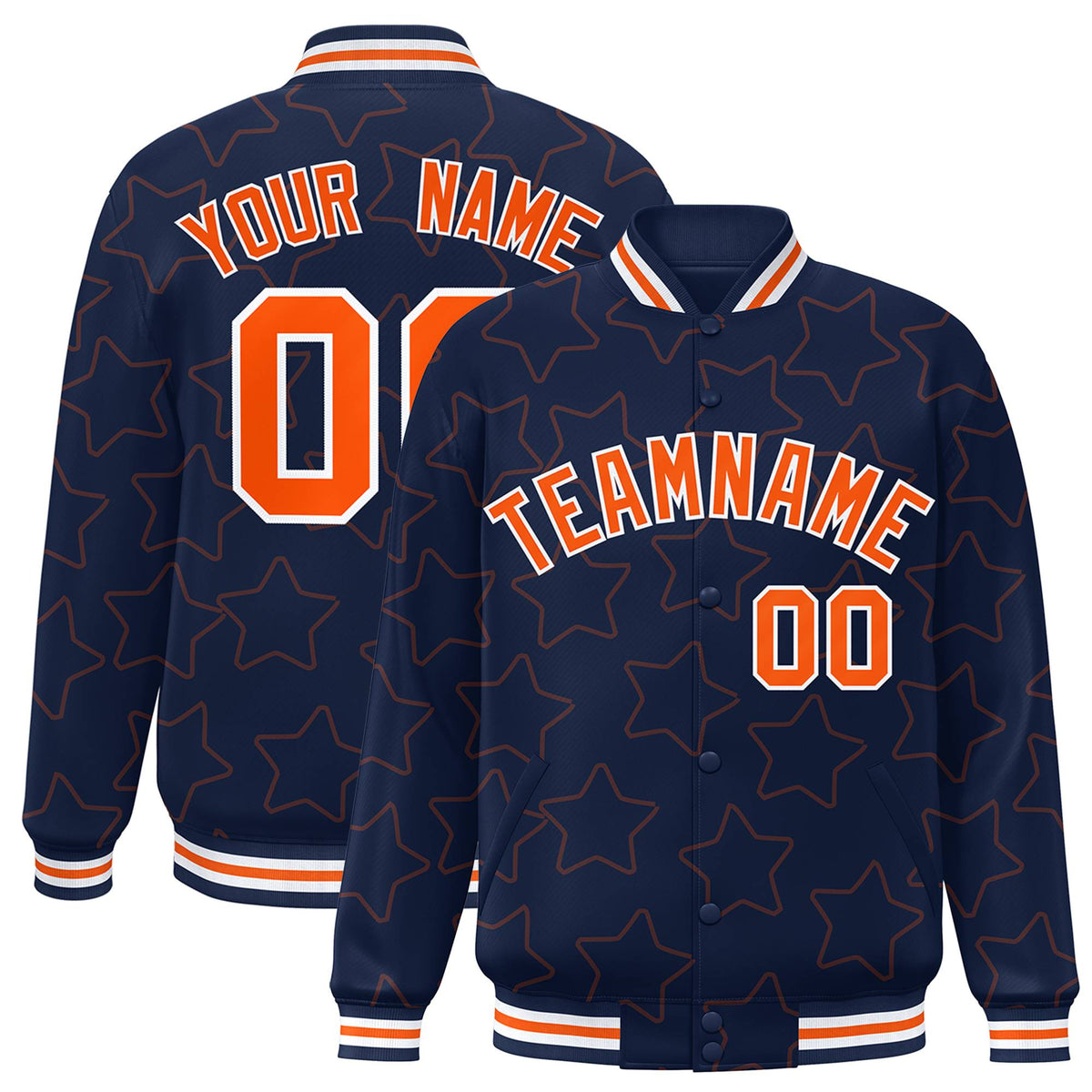 Custom Navy Orange-White Varsity Full-Snap Star Pattern Letterman Baseball Jacket