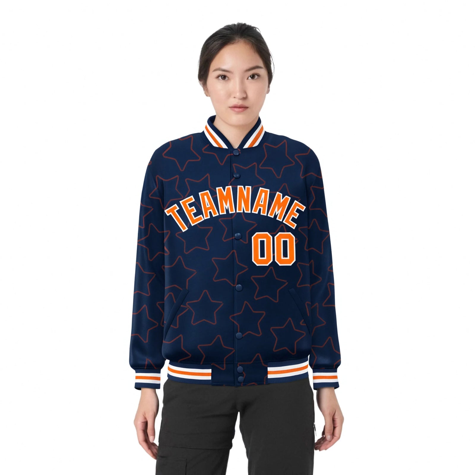Custom Navy Orange-White Varsity Full-Snap Star Pattern Letterman Baseball Jacket