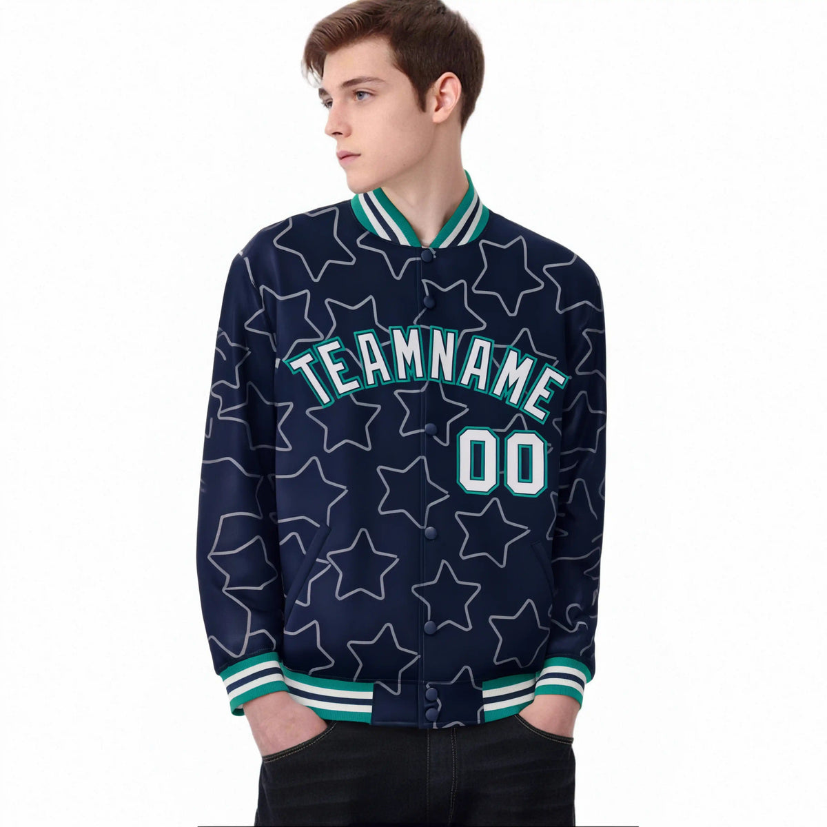 Custom Navy Gray-Teal Varsity Full-Snap Star Pattern Letterman Baseball Jacket