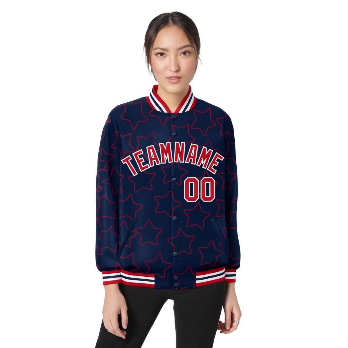 Custom Navy Gray-Teal Varsity Full-Snap Star Pattern Letterman Baseball Jacket