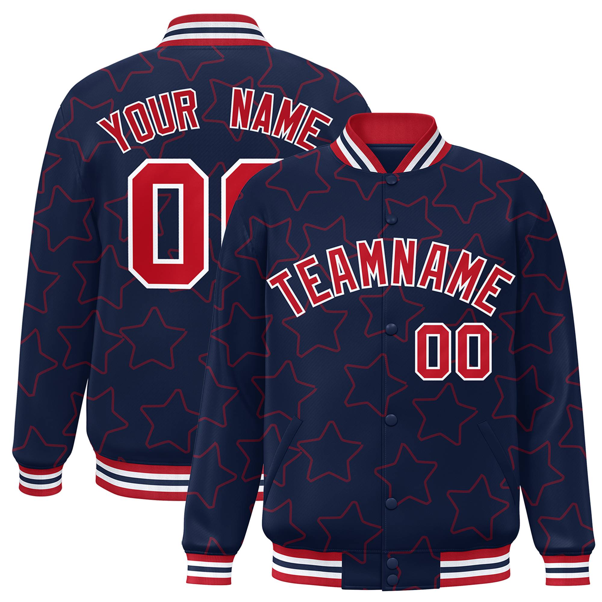 Custom Navy Red-White Varsity Full-Snap Star Pattern Letterman Baseball Jacket