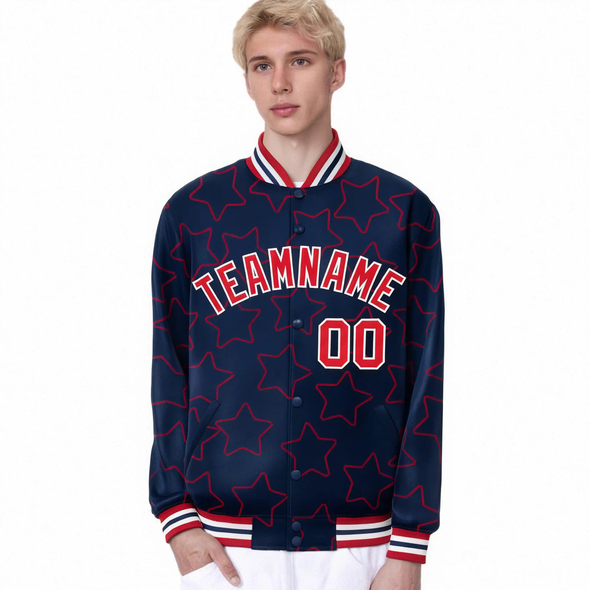 Custom Navy Red-White Varsity Full-Snap Star Pattern Letterman Baseball Jacket