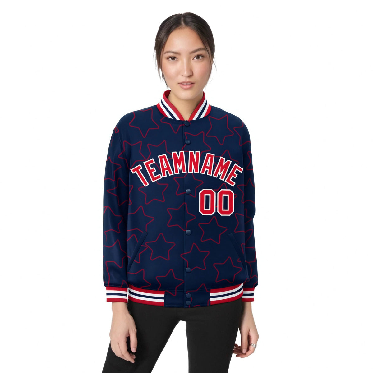 Custom Navy Red-White Varsity Full-Snap Star Pattern Letterman Baseball Jacket