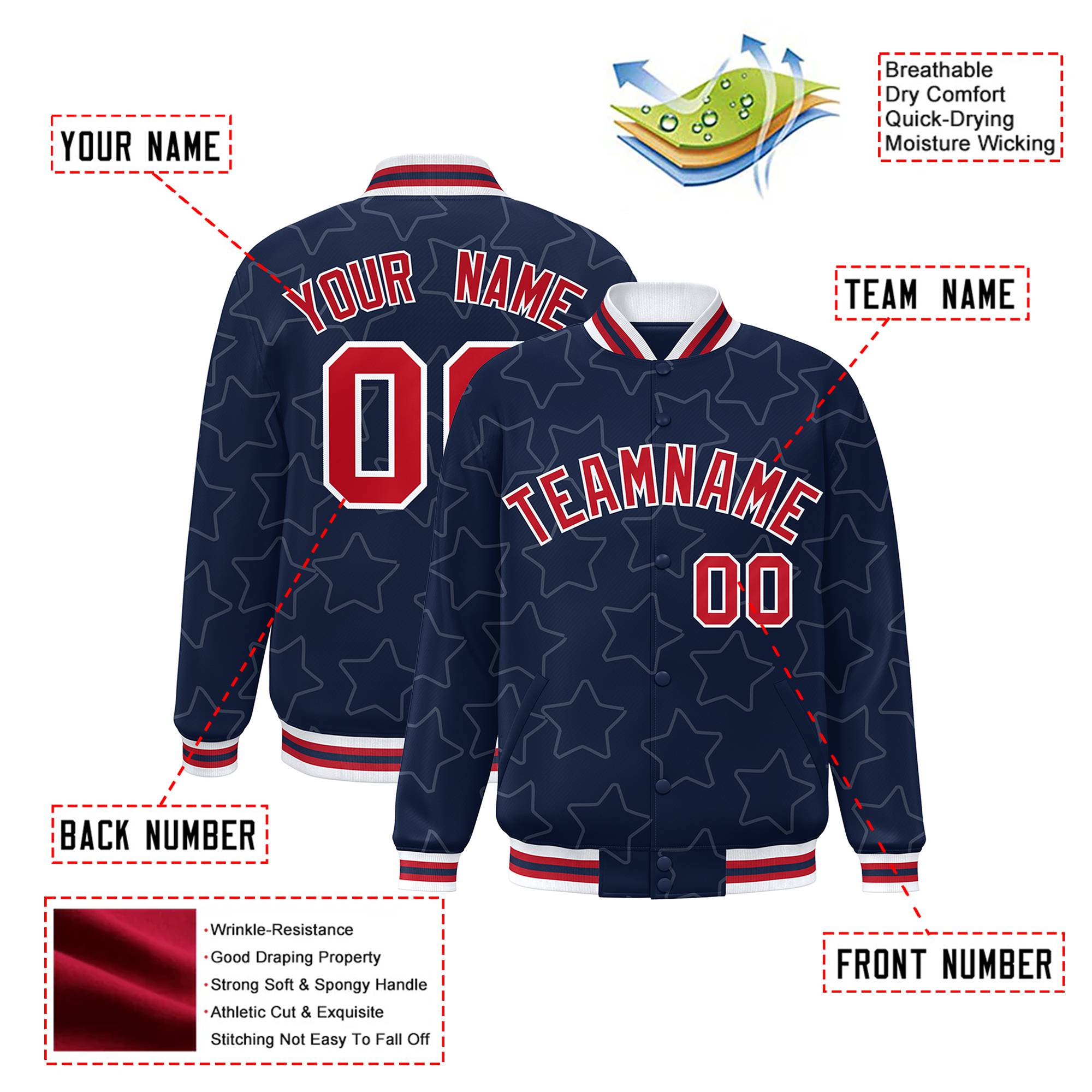 Custom Navy Red-White Varsity Full-Snap Star Pattern Letterman Baseball Jacket