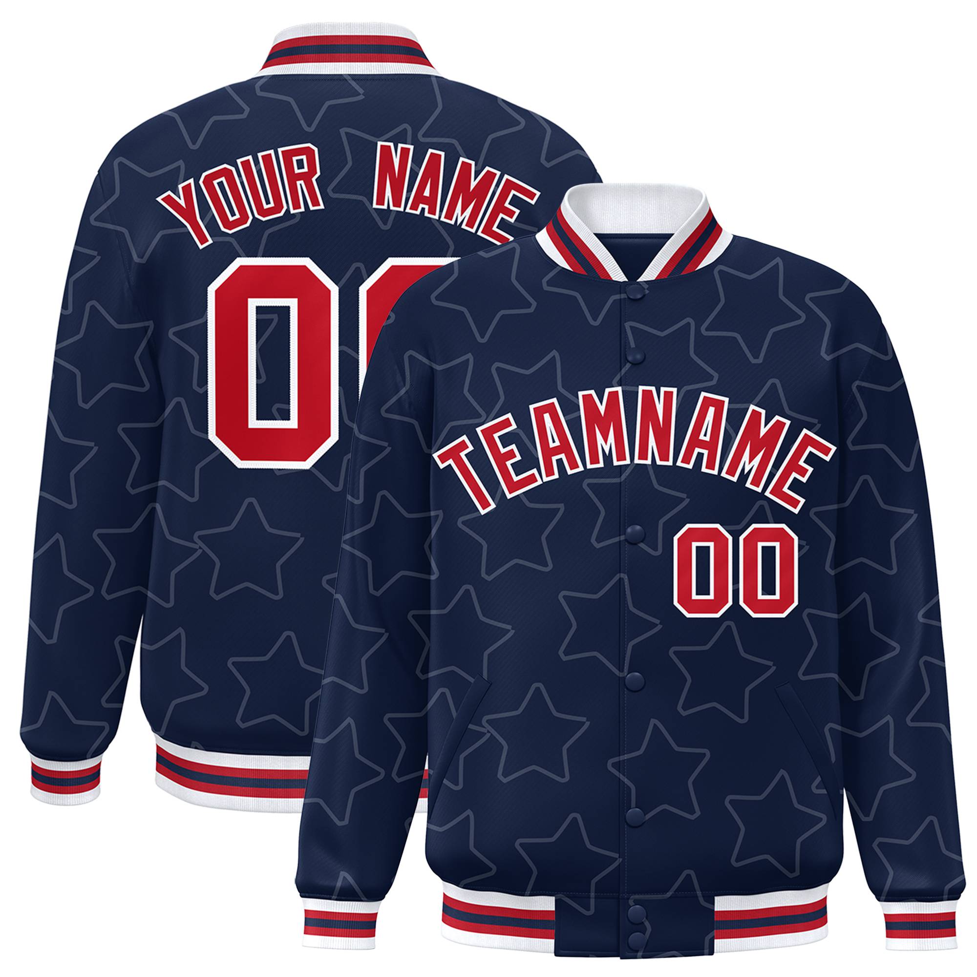 Custom Navy Red-White Varsity Full-Snap Star Pattern Letterman Baseball Jacket