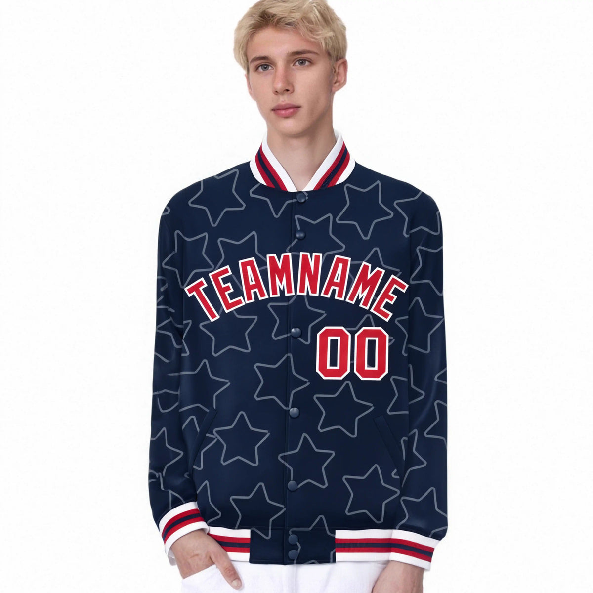 Custom Navy Red-White Varsity Full-Snap Star Pattern Letterman Baseball Jacket