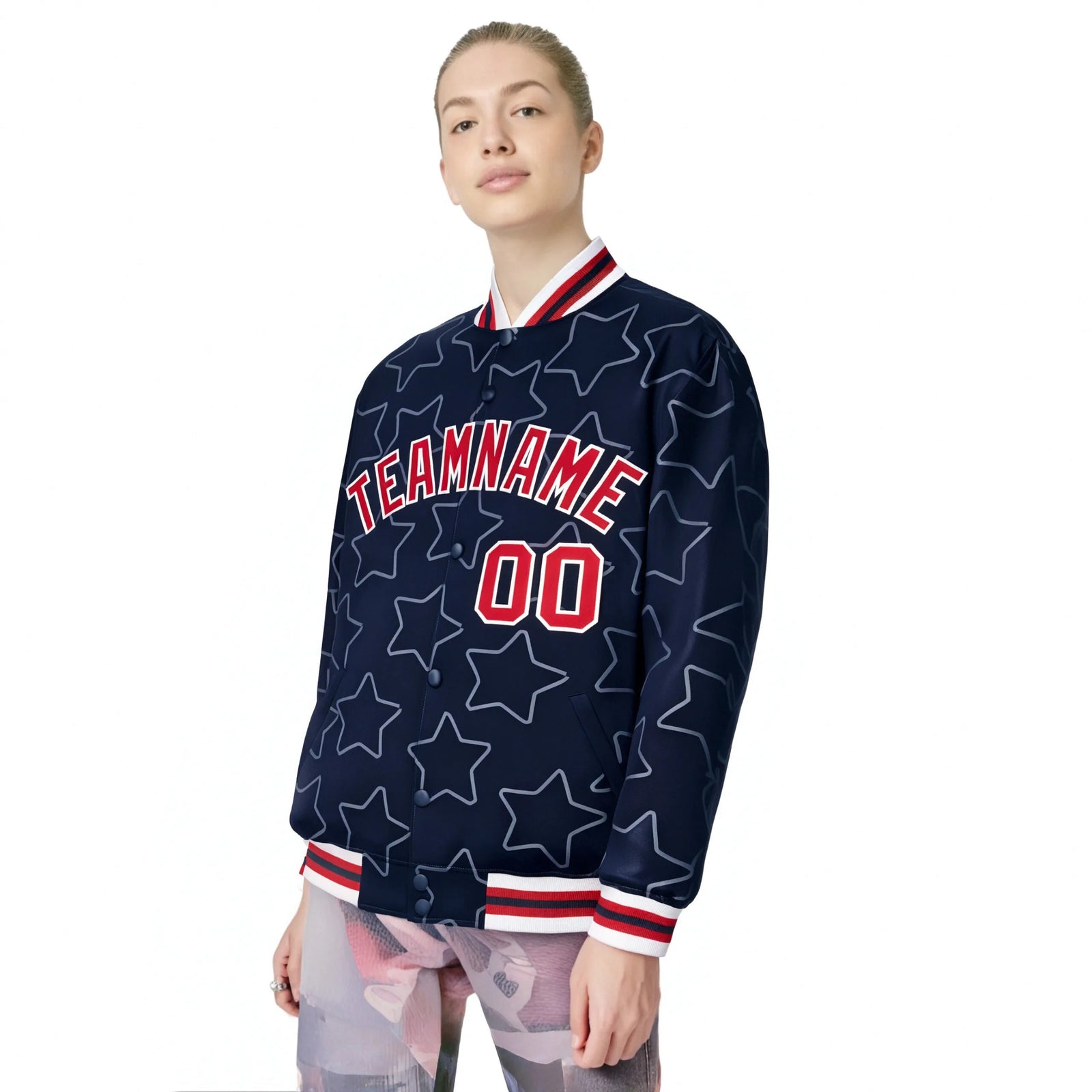 Custom Navy Red-White Varsity Full-Snap Star Pattern Letterman Baseball Jacket