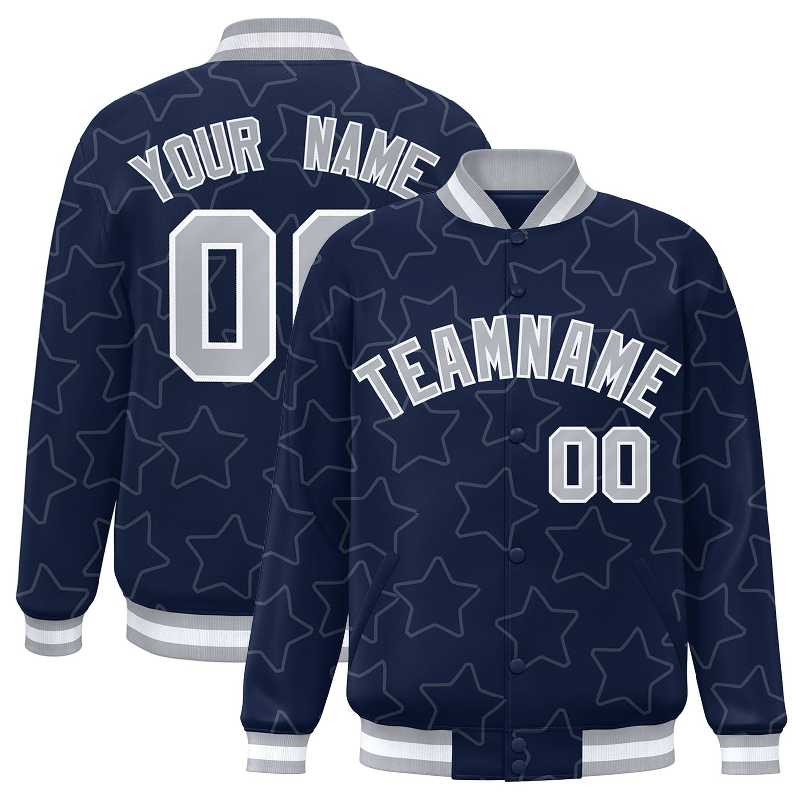 Custom Navy Gray-White Varsity Full-Snap Star Pattern Letterman Baseball Jacket