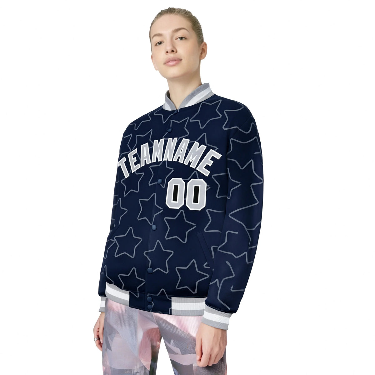 Custom Navy Gray-White Varsity Full-Snap Star Pattern Letterman Baseball Jacket