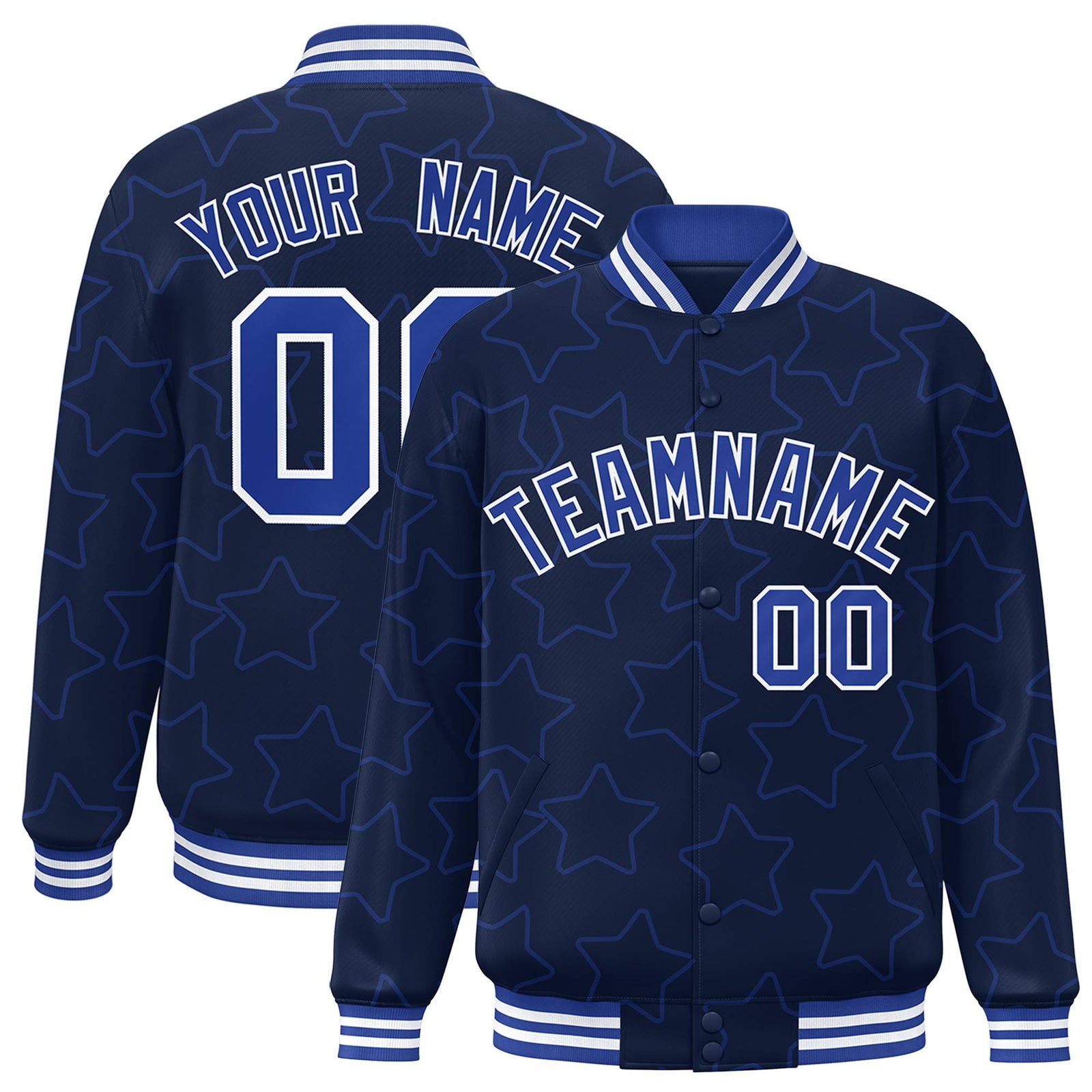 Custom Navy Royal Blue-White Varsity Full-Snap Star Pattern Letterman Baseball Jacket