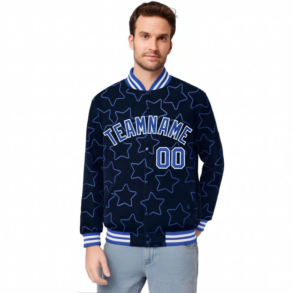 Custom Navy Royal Blue-White Varsity Full-Snap Star Pattern Letterman Baseball Jacket