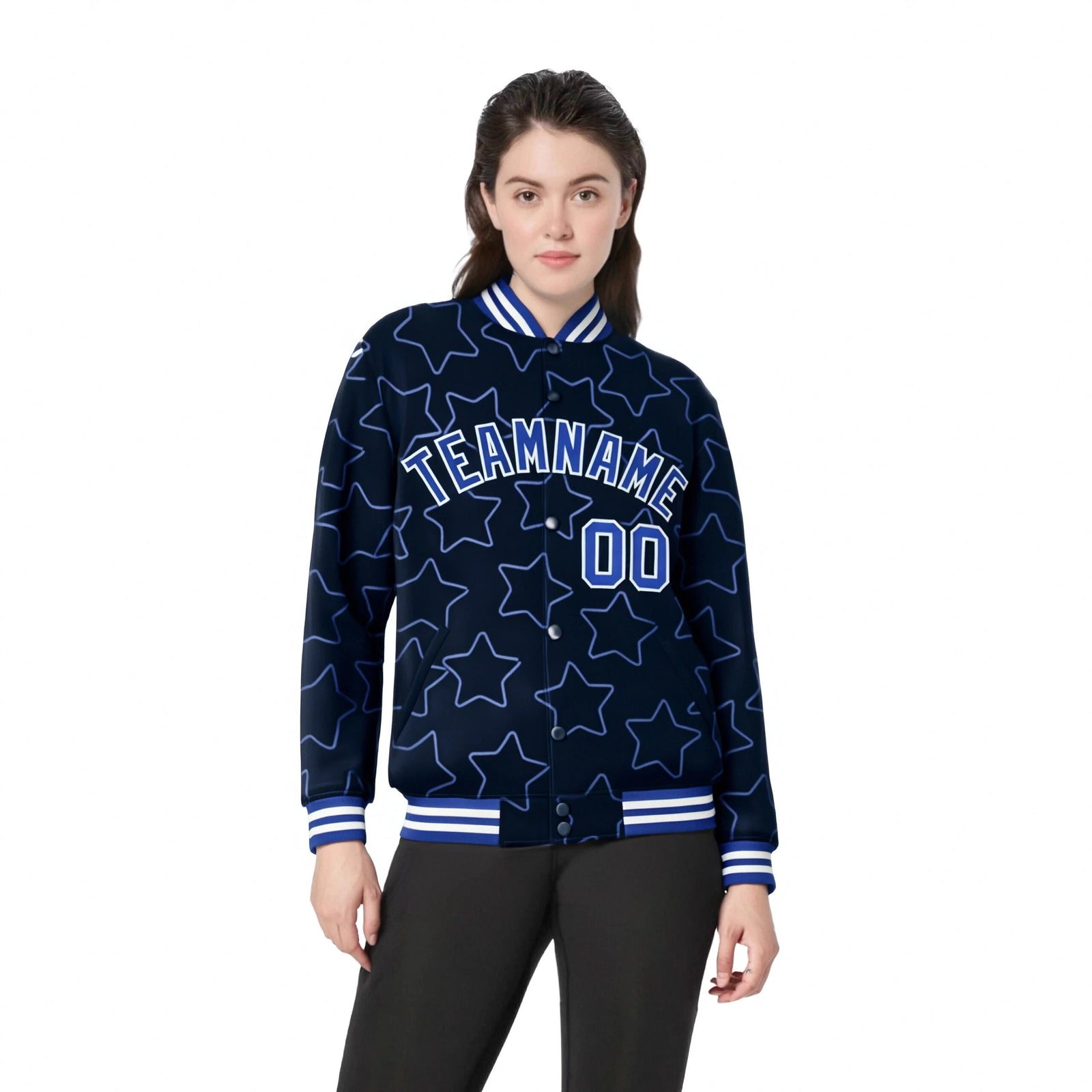 Custom Navy Royal Blue-White Varsity Full-Snap Star Pattern Letterman Baseball Jacket
