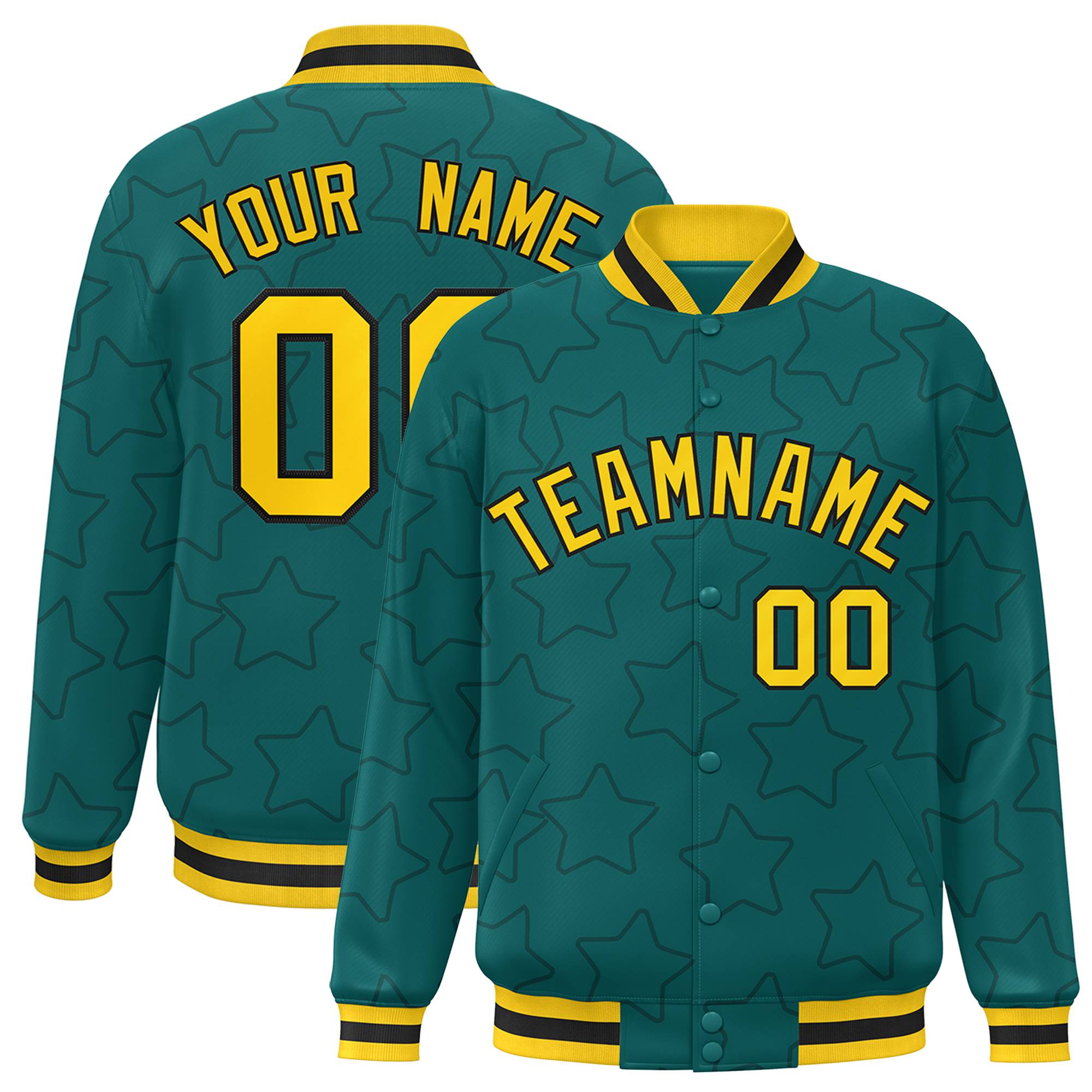 Custom Aqua Gold-Black Varsity Full-Snap Star Pattern Letterman Baseball Jacket