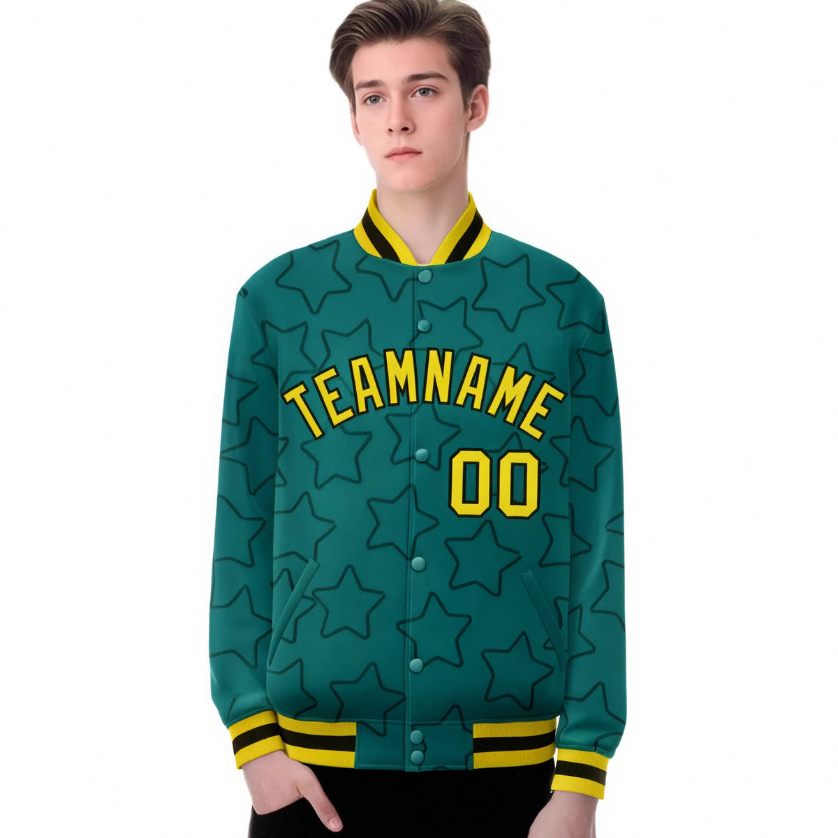 Custom Aqua Gold-Black Varsity Full-Snap Star Pattern Letterman Baseball Jacket