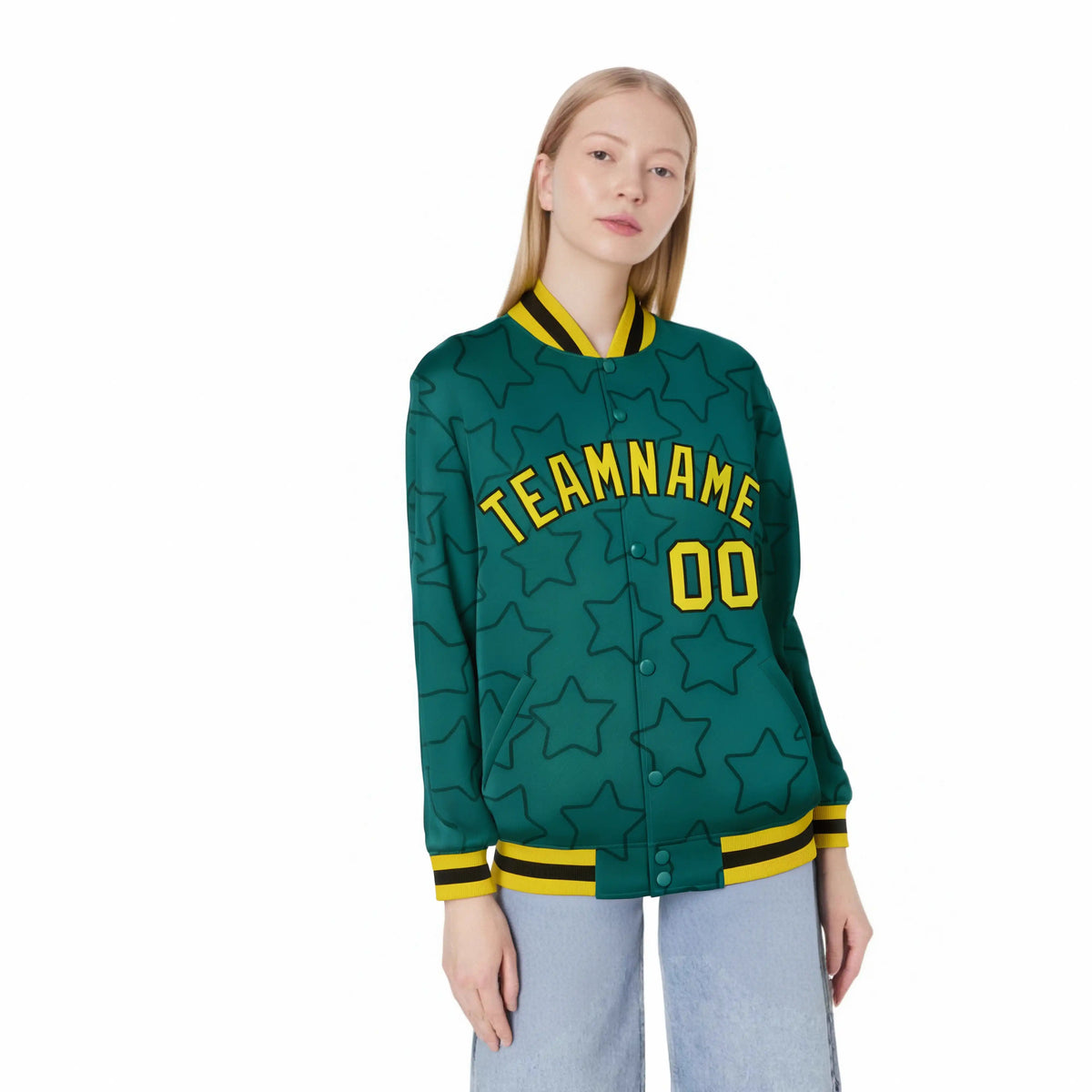 Custom Aqua Gold-Black Varsity Full-Snap Star Pattern Letterman Baseball Jacket