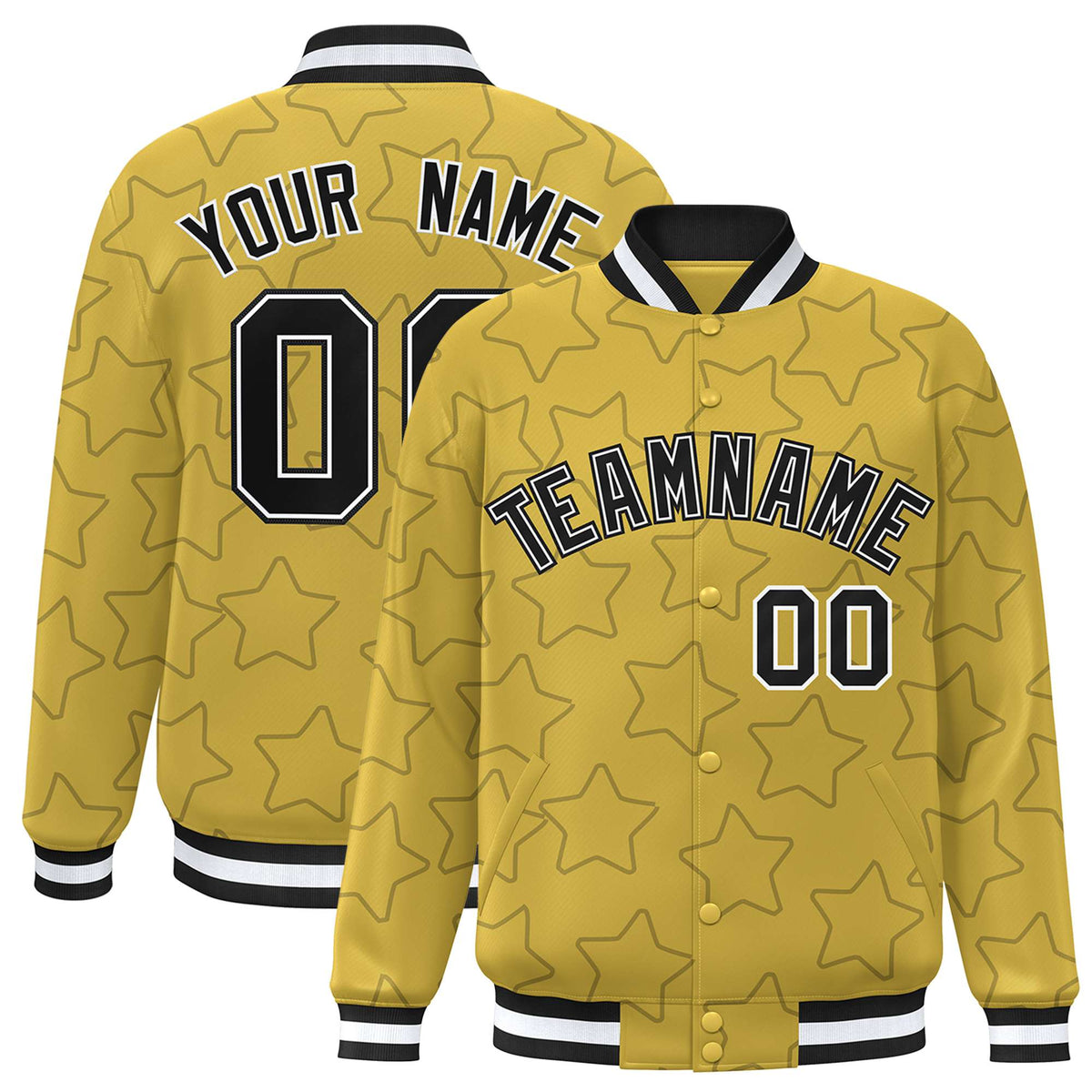 Custom Old Gold Black-White Varsity Full-Snap Star Pattern Letterman Baseball Jacket
