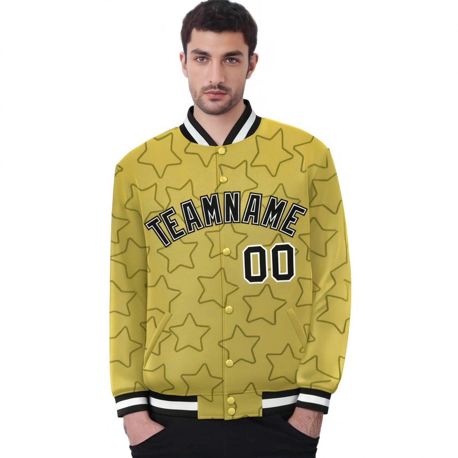 Custom Old Gold Black-White Varsity Full-Snap Star Pattern Letterman Baseball Jacket