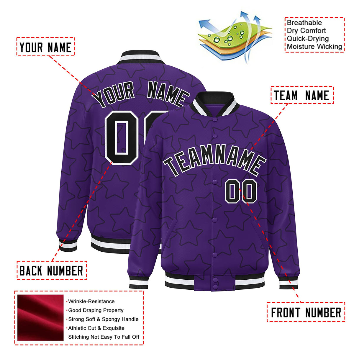Custom Purple Black-White Varsity Full-Snap Star Pattern Letterman Baseball Jacket