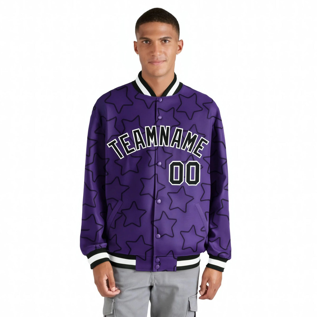 Custom Purple Black-White Varsity Full-Snap Star Pattern Letterman Baseball Jacket