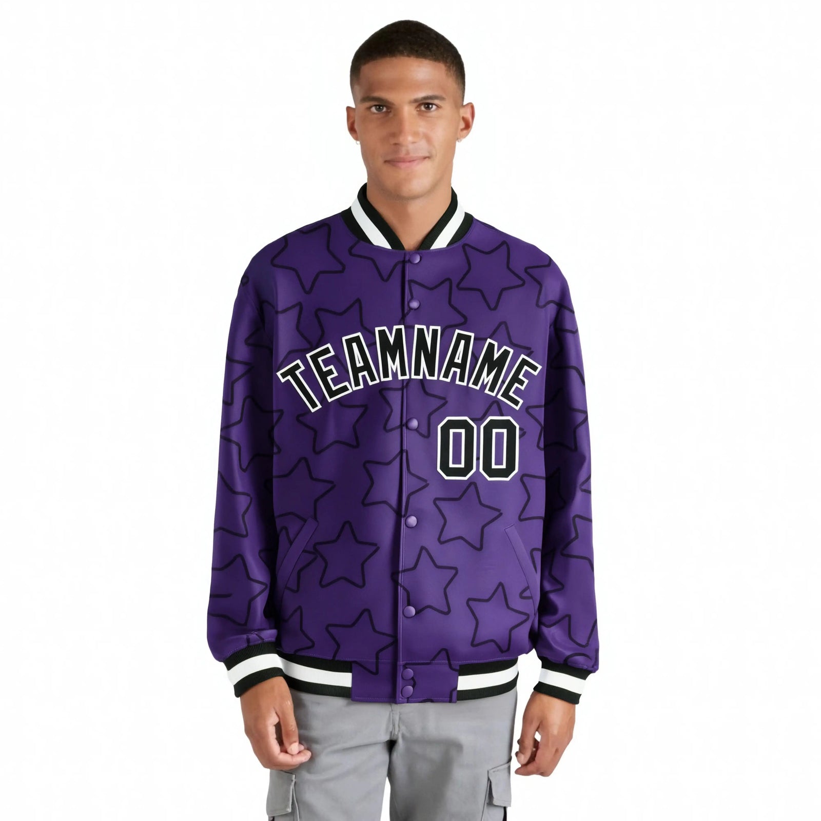 Custom Purple Black-White Varsity Full-Snap Star Pattern Letterman Baseball Jacket