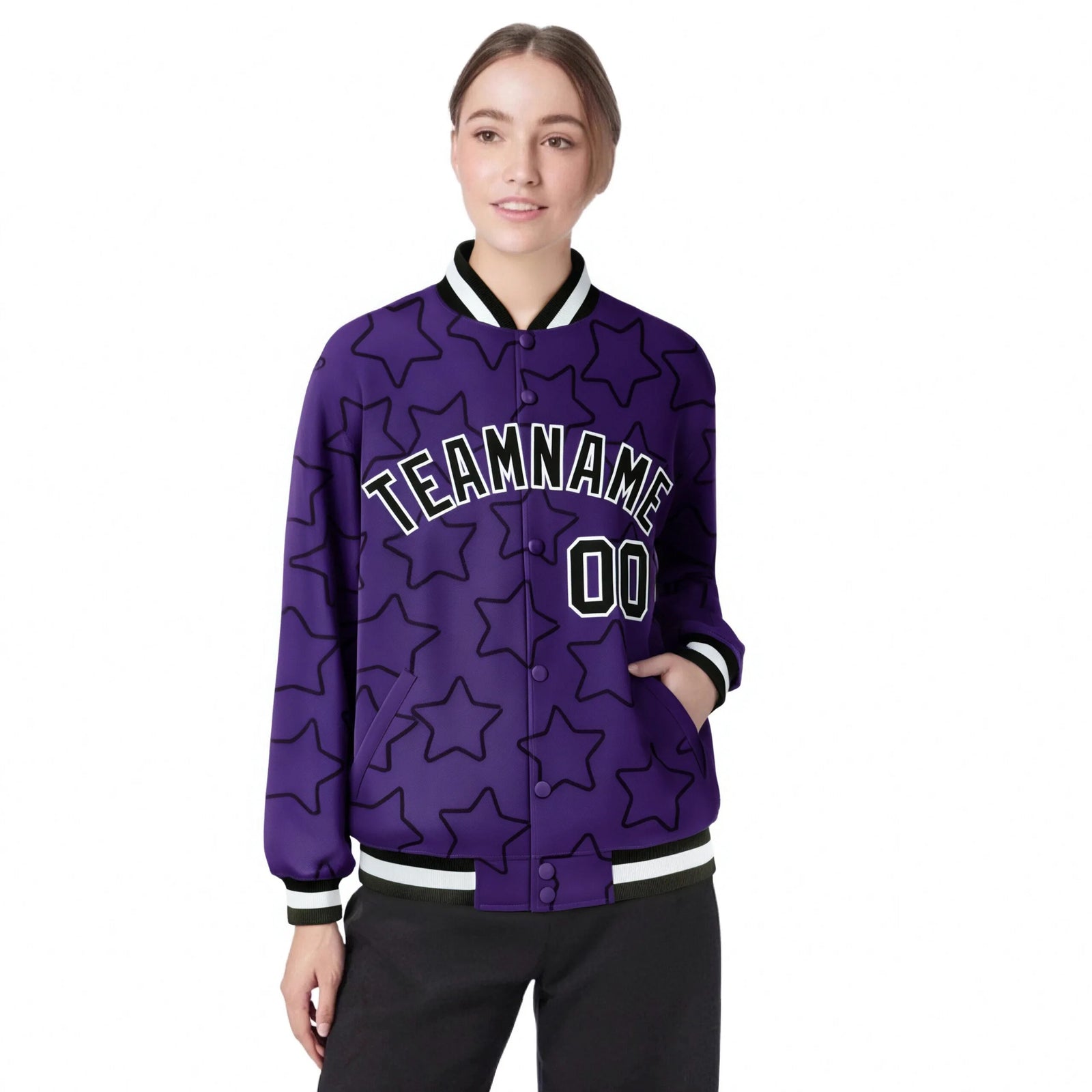 Custom Purple Black-White Varsity Full-Snap Star Pattern Letterman Baseball Jacket