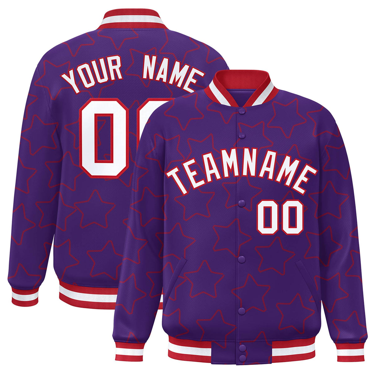 Custom Purple White-Red Varsity Full-Snap Star Pattern Letterman Baseball Jacket