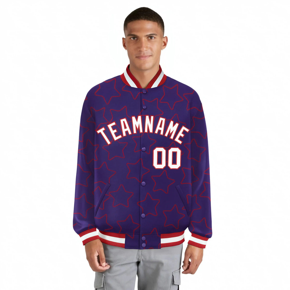 Custom Purple White-Red Varsity Full-Snap Star Pattern Letterman Baseball Jacket