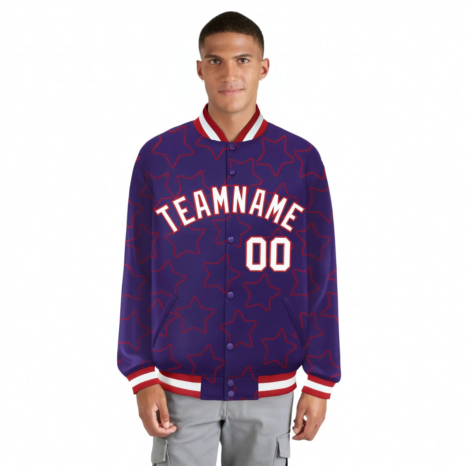 Custom Purple White-Red Varsity Full-Snap Star Pattern Letterman Baseball Jacket