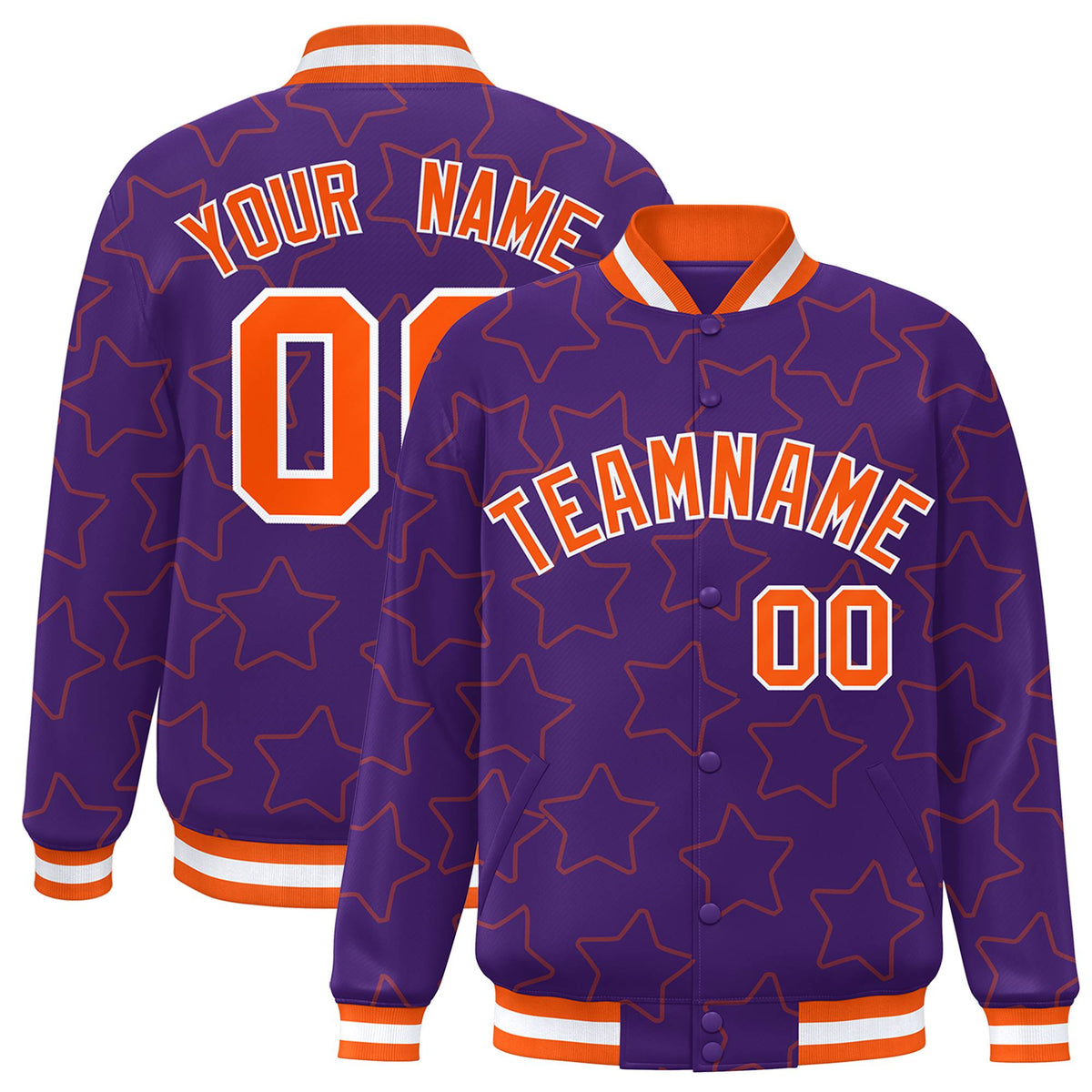 Custom Purple Orange-White Varsity Full-Snap Star Pattern Letterman Baseball Jacket