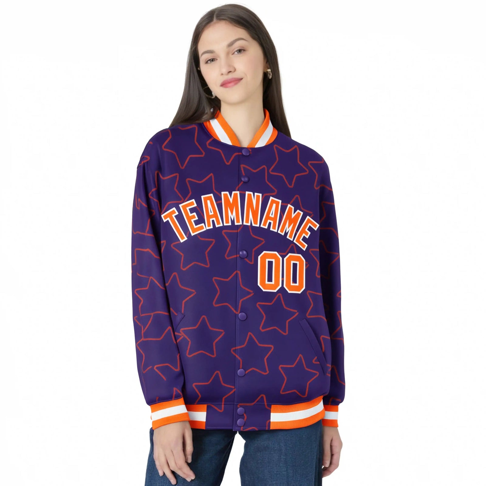 Custom Purple Orange-White Varsity Full-Snap Star Pattern Letterman Baseball Jacket