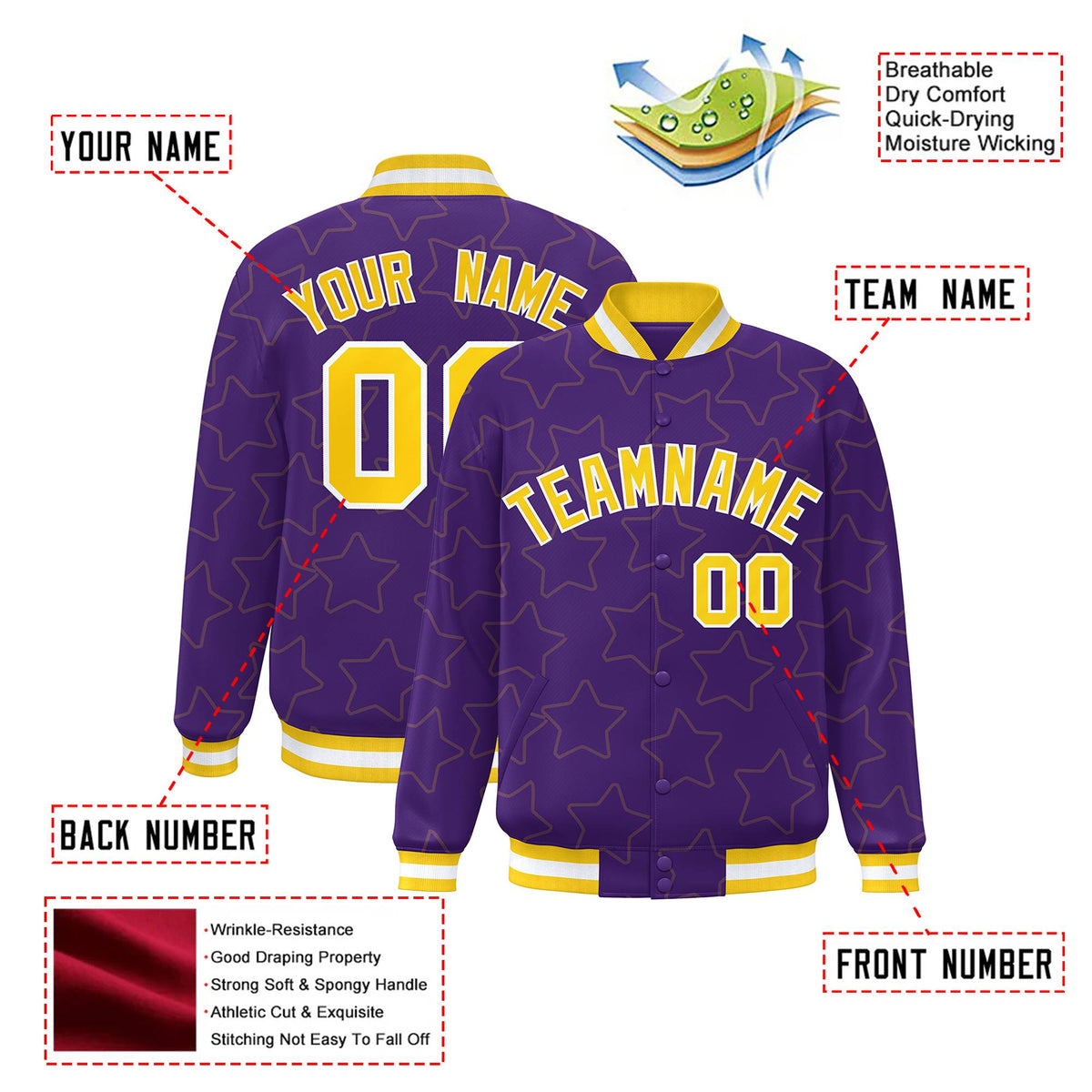 Custom Purple Gold-White Varsity Full-Snap Star Pattern Letterman Baseball Jacket