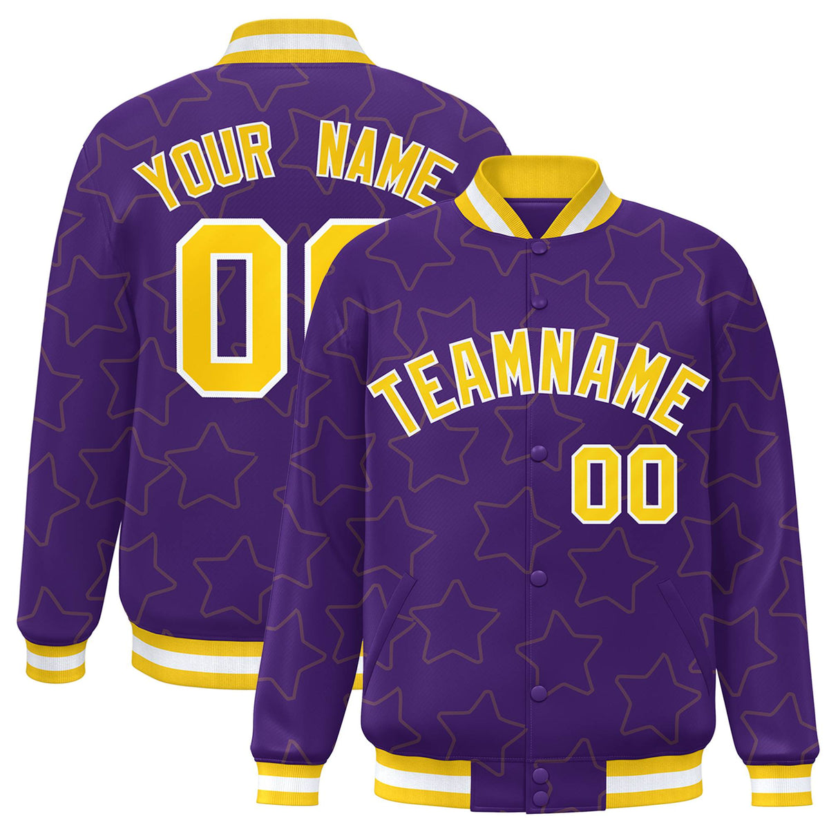 Custom Purple Gold-White Varsity Full-Snap Star Pattern Letterman Baseball Jacket