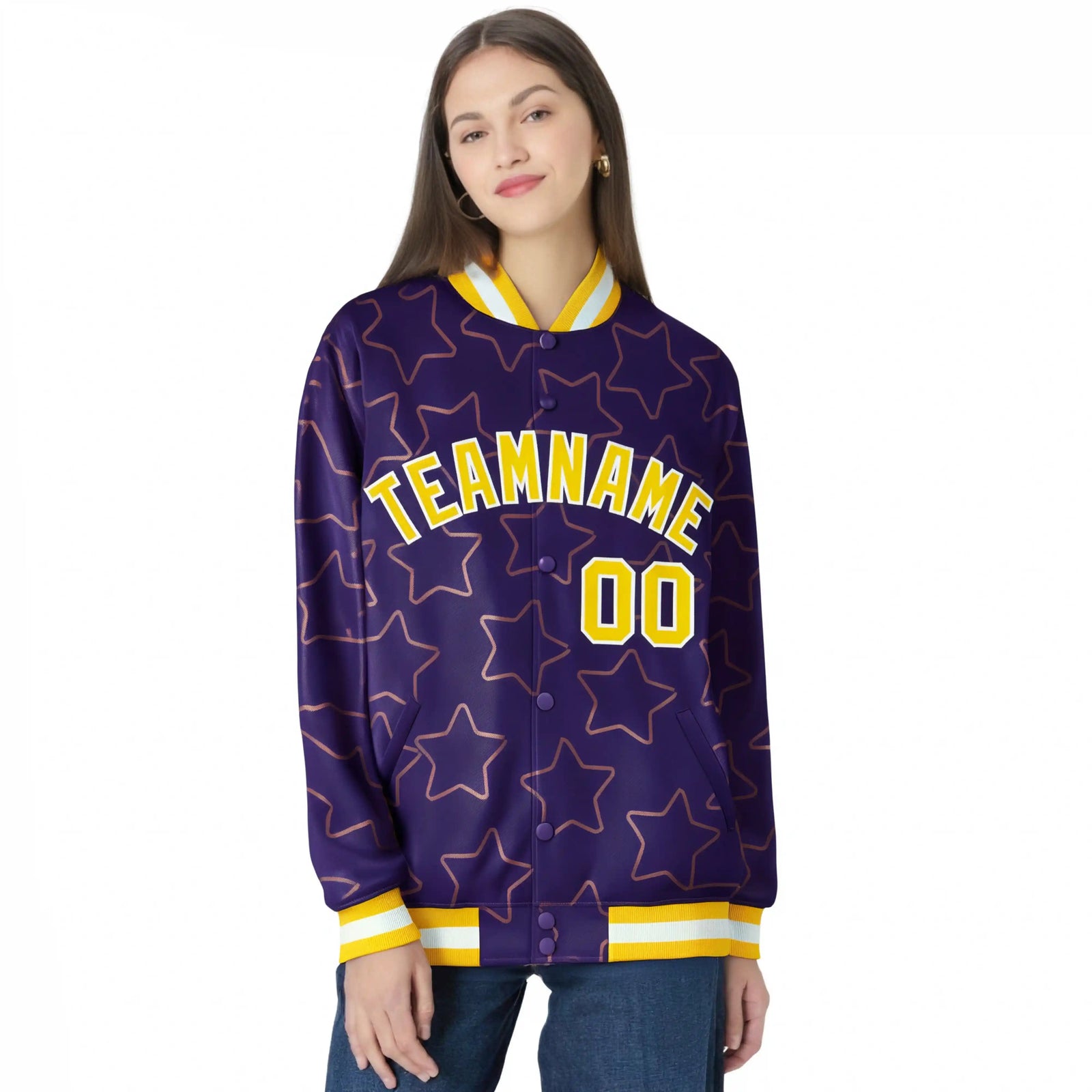 Custom Purple Gold-White Varsity Full-Snap Star Pattern Letterman Baseball Jacket