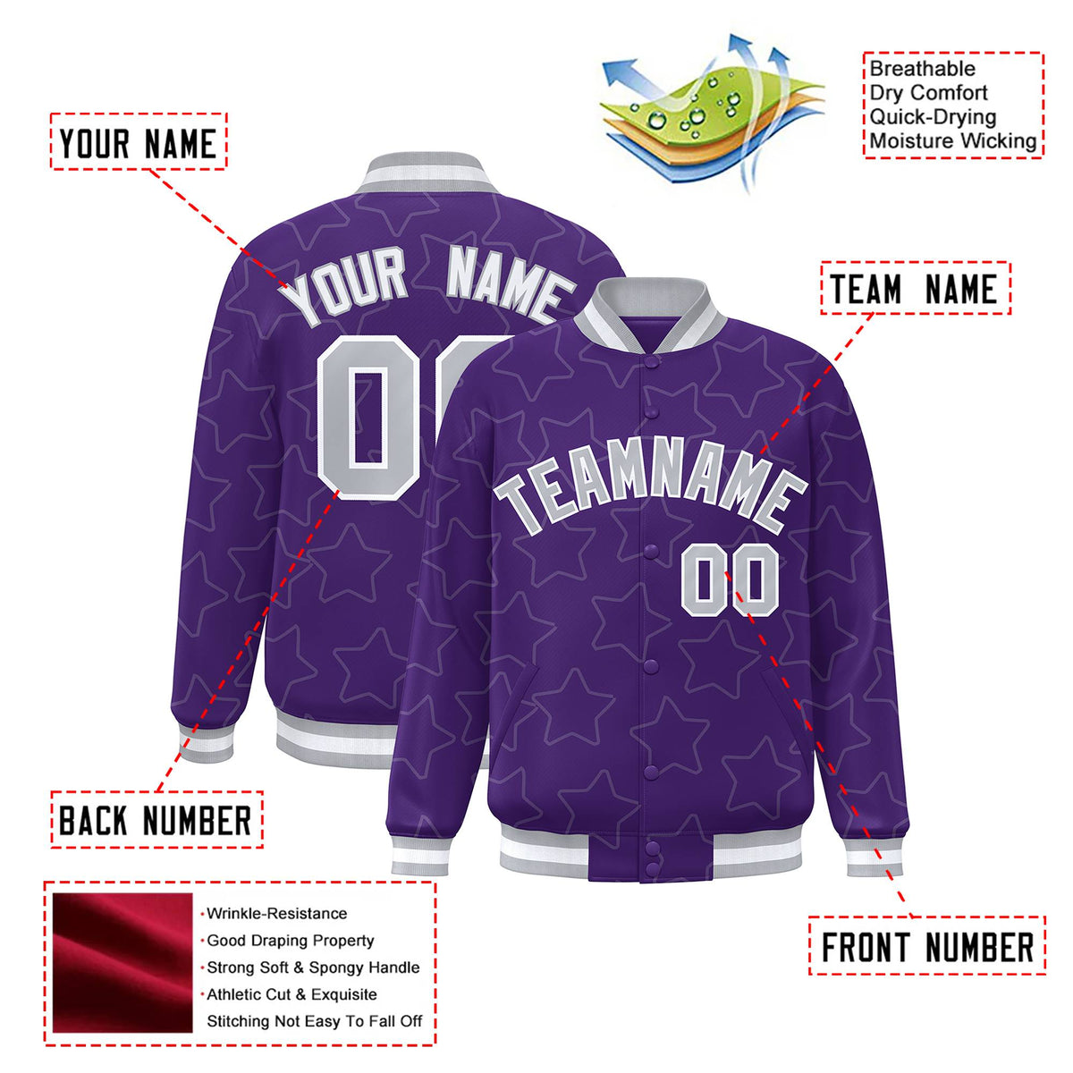 Custom Purple Gray-White Varsity Full-Snap Star Pattern Letterman Baseball Jacket