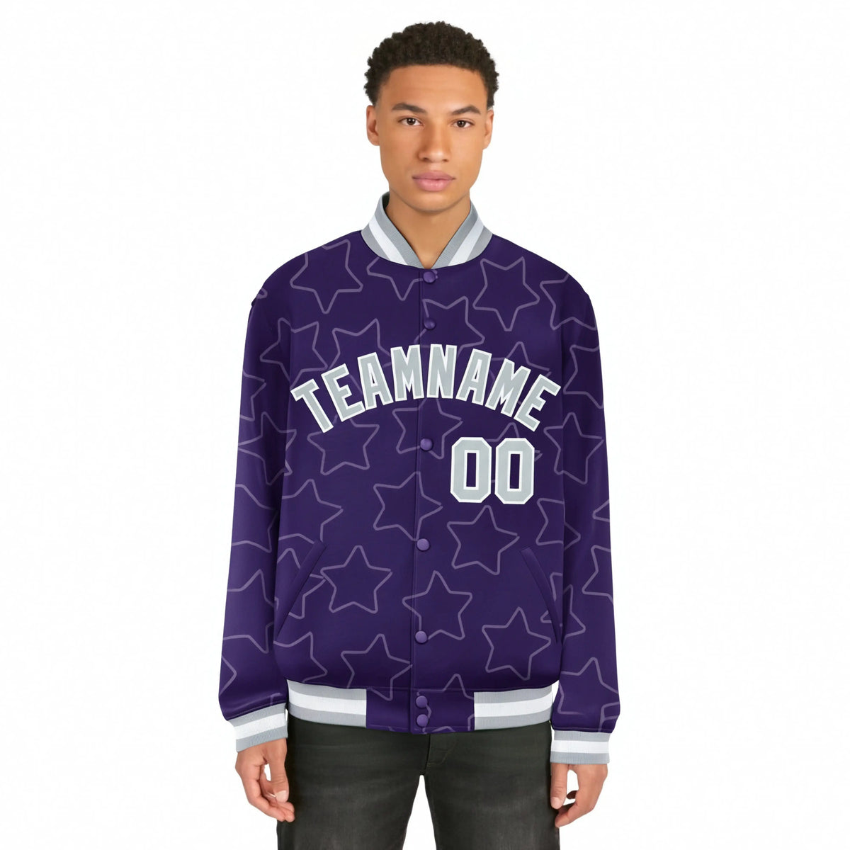 Custom Purple Gray-White Varsity Full-Snap Star Pattern Letterman Baseball Jacket