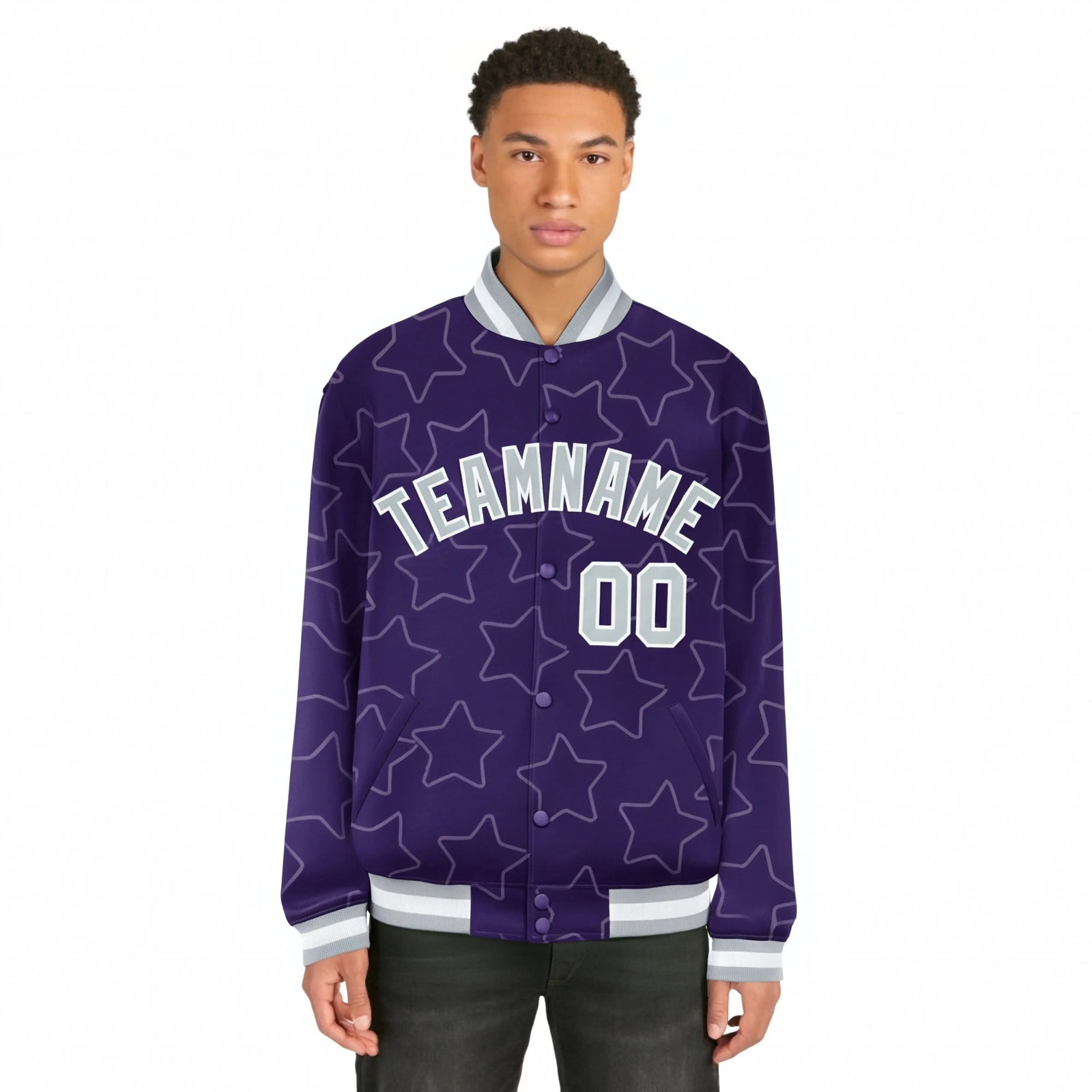 Custom Purple Gray-White Varsity Full-Snap Star Pattern Letterman Baseball Jacket