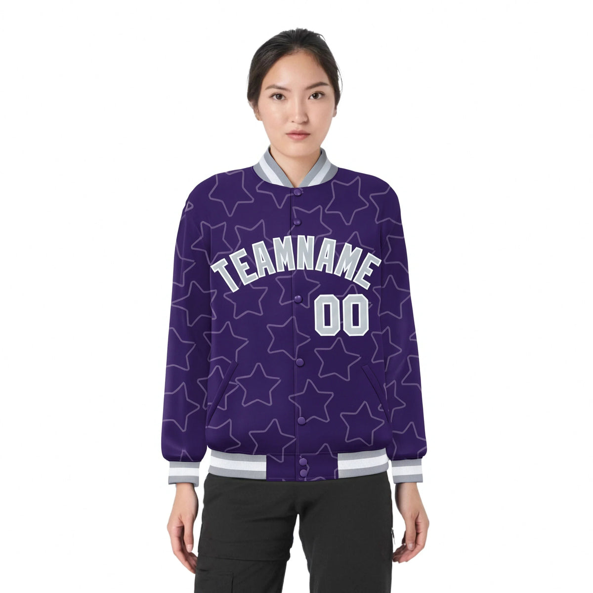 Custom Purple Gray-White Varsity Full-Snap Star Pattern Letterman Baseball Jacket