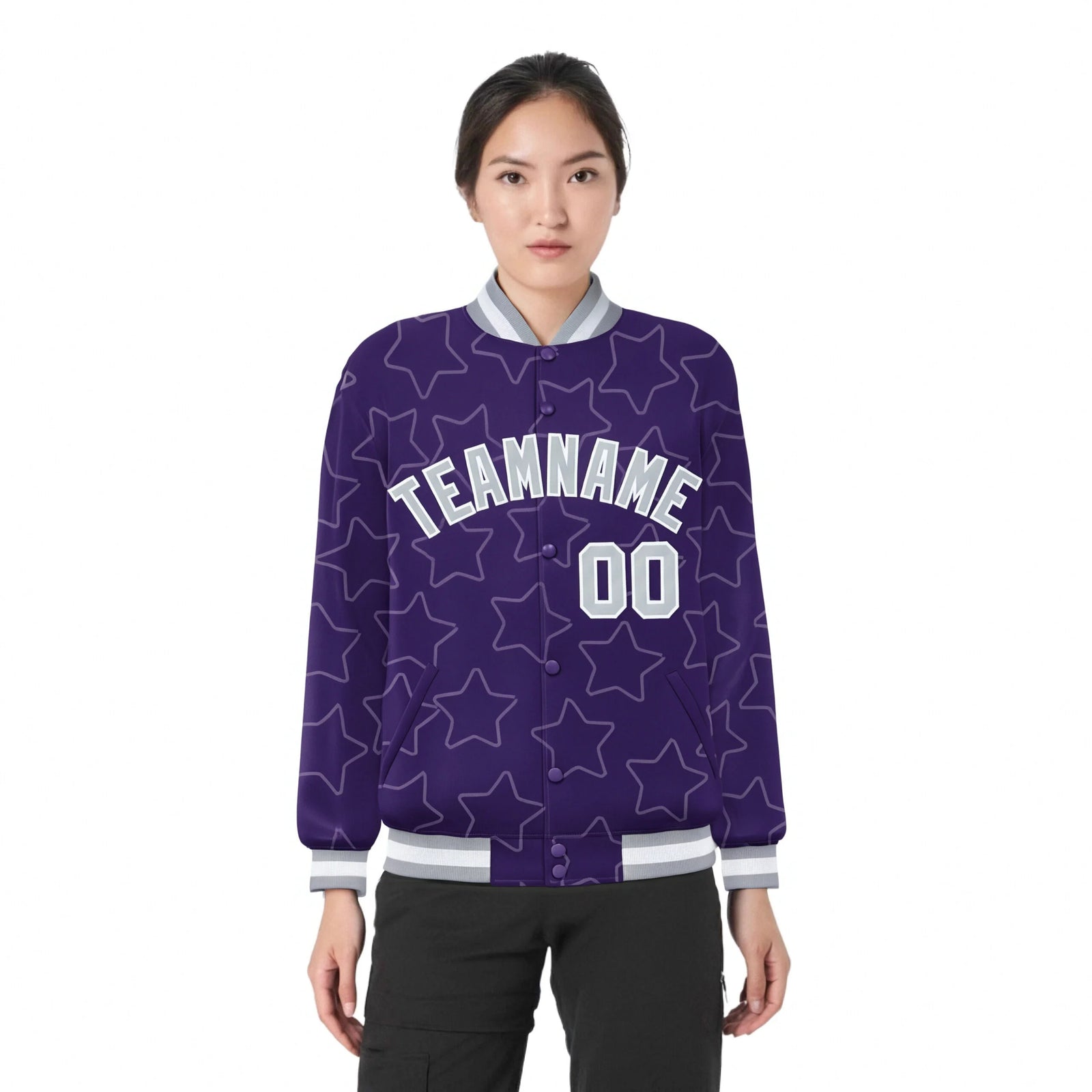 Custom Purple Gray-White Varsity Full-Snap Star Pattern Letterman Baseball Jacket