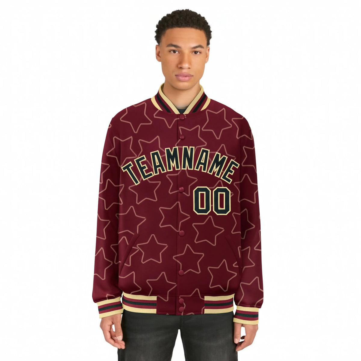 Custom Crimson Black-Old-Gold Varsity Full-Snap Star Pattern Letterman Baseball Jacket