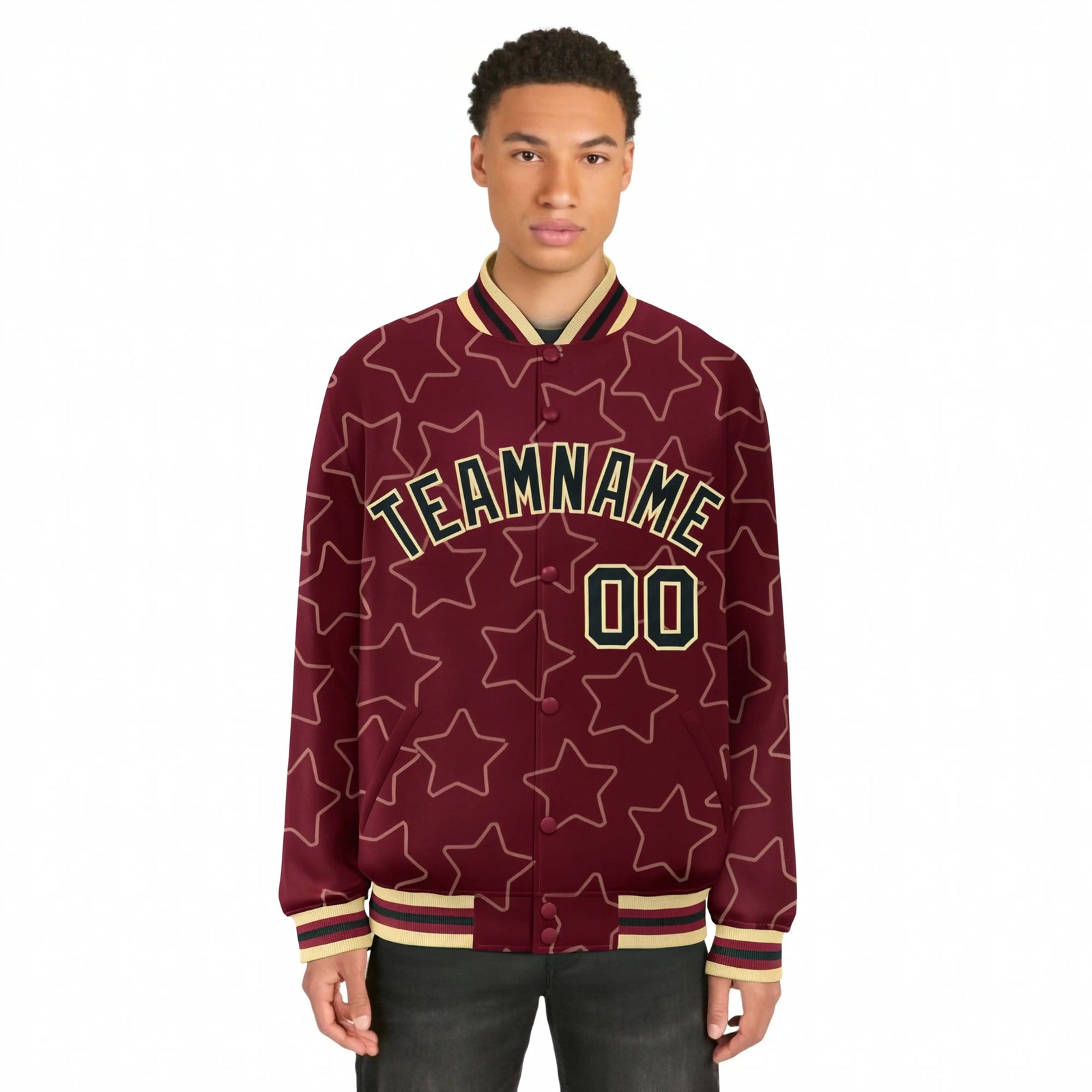 Custom Crimson Black-Old-Gold Varsity Full-Snap Star Pattern Letterman Baseball Jacket
