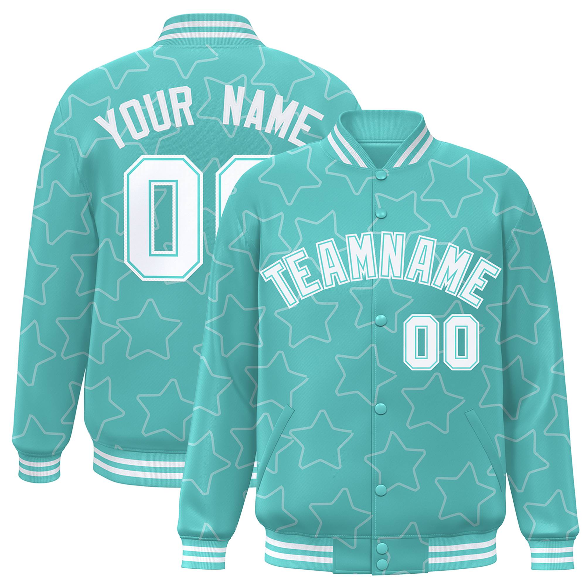 Custom Aqua White Varsity Full-Snap Star Pattern Letterman Baseball Jacket