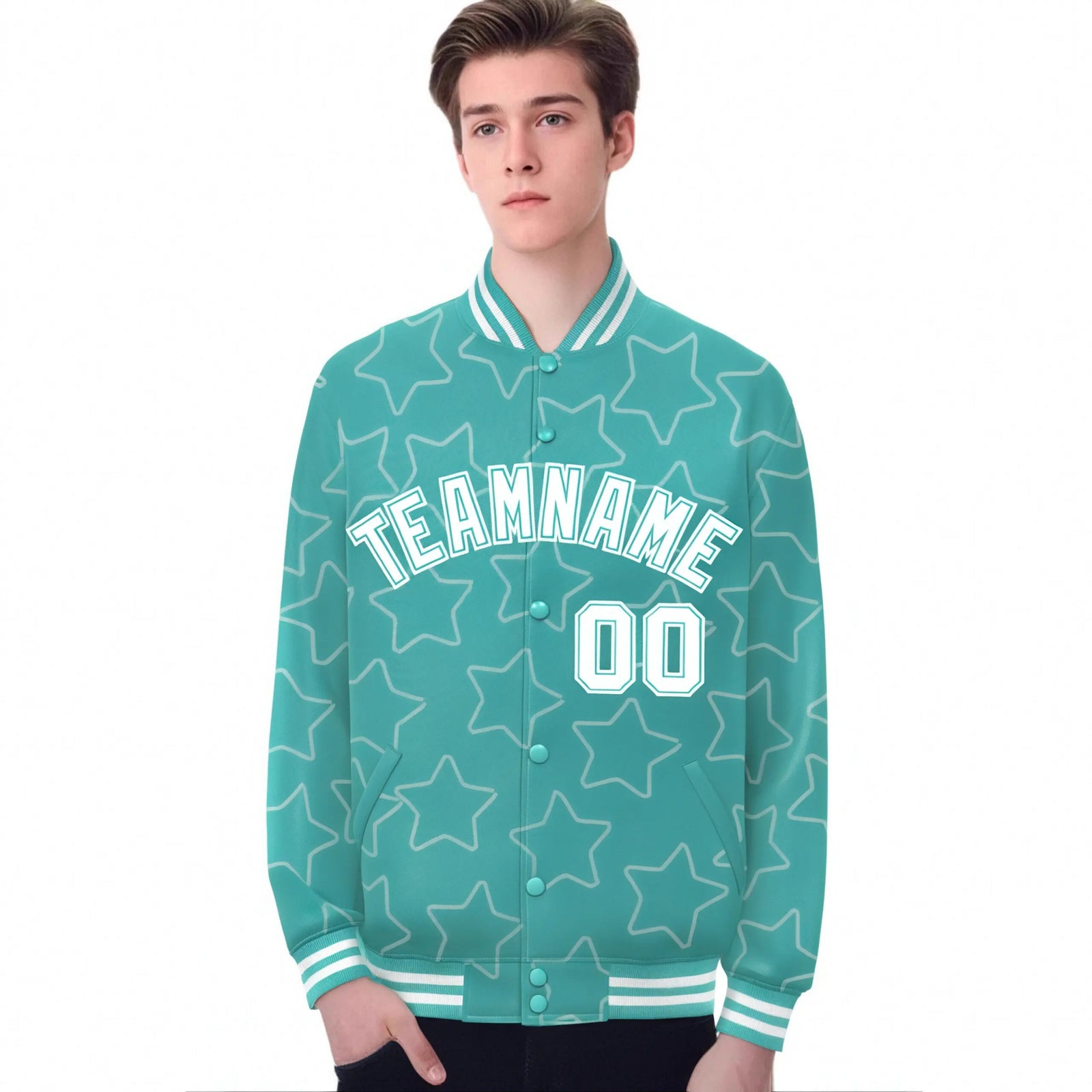 Custom Aqua White Varsity Full-Snap Star Pattern Letterman Baseball Jacket