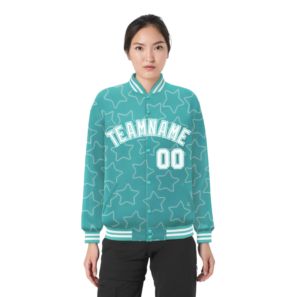 Custom Aqua White Varsity Full-Snap Star Pattern Letterman Baseball Jacket