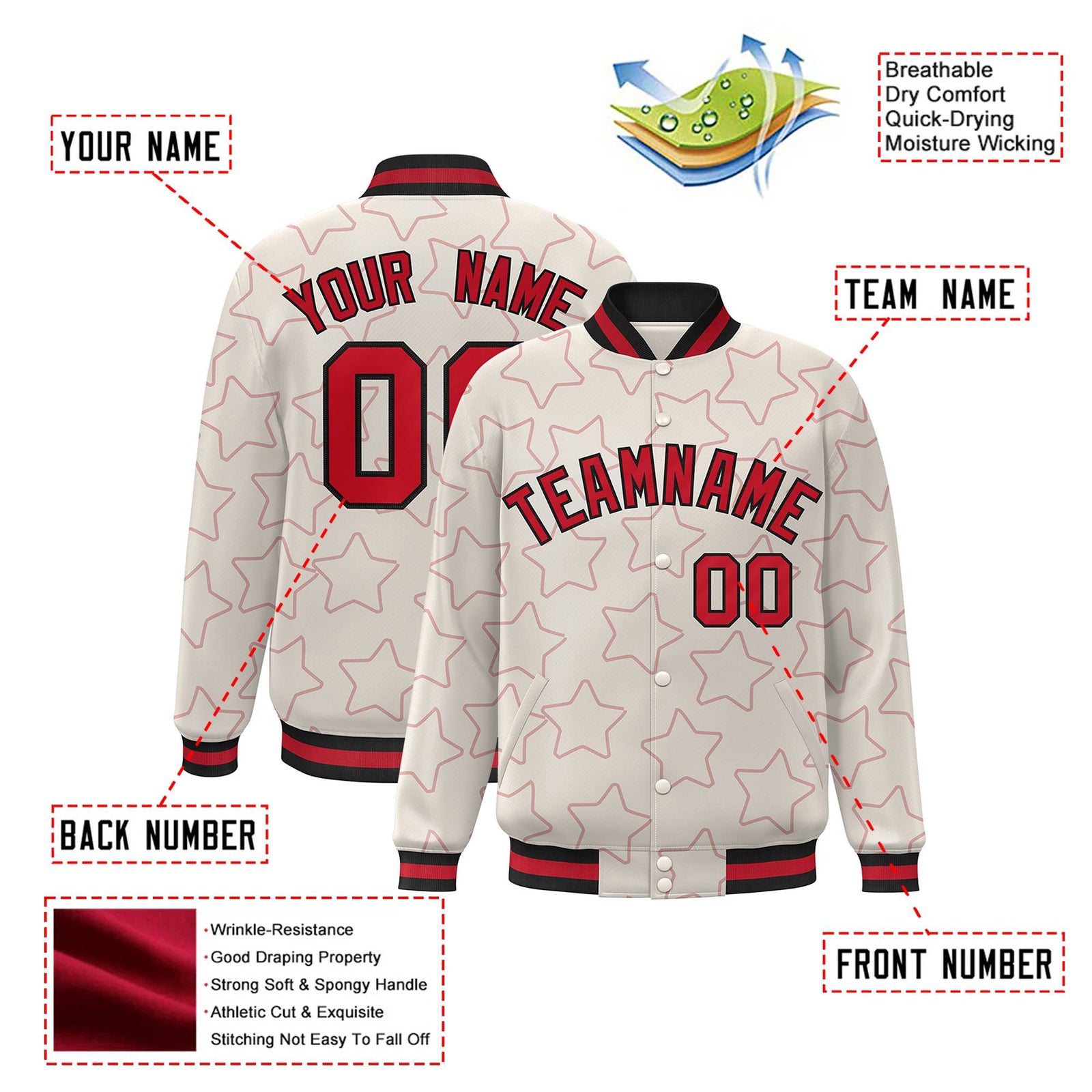 Custom Cream Red-Black Varsity Full-Snap Star Pattern Letterman Baseball Jacket